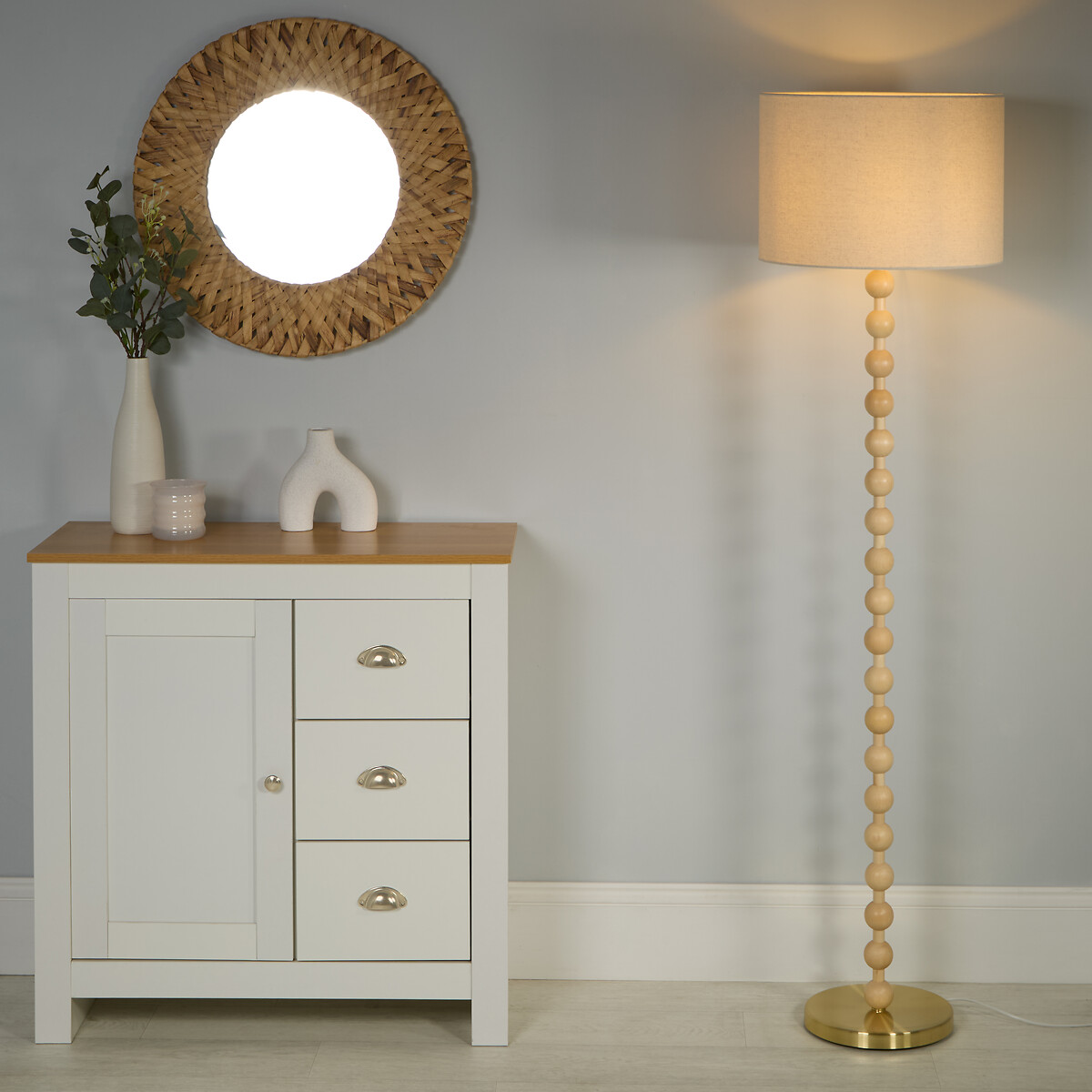 Bradford Wooden Bobbin Floor Lamp with Linen Shade beige, SO'HOME