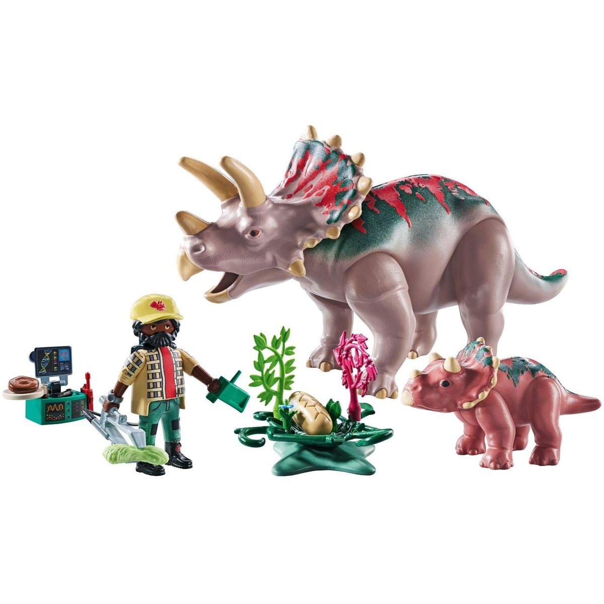 Tricératops avec bébé, oeuf et explorateur multicolore, PLAYMOBIL