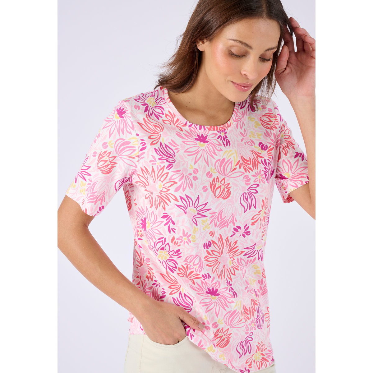 T-shirt imprimé pur coton rose fleuri, DAMART