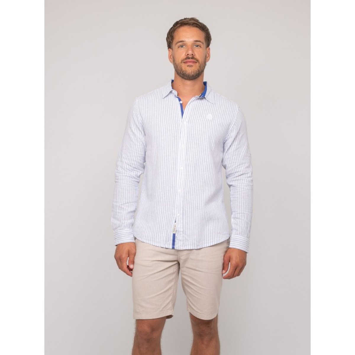 Chemise Manches Longues Lin Rayures Duplaya bleu, RITCHIE