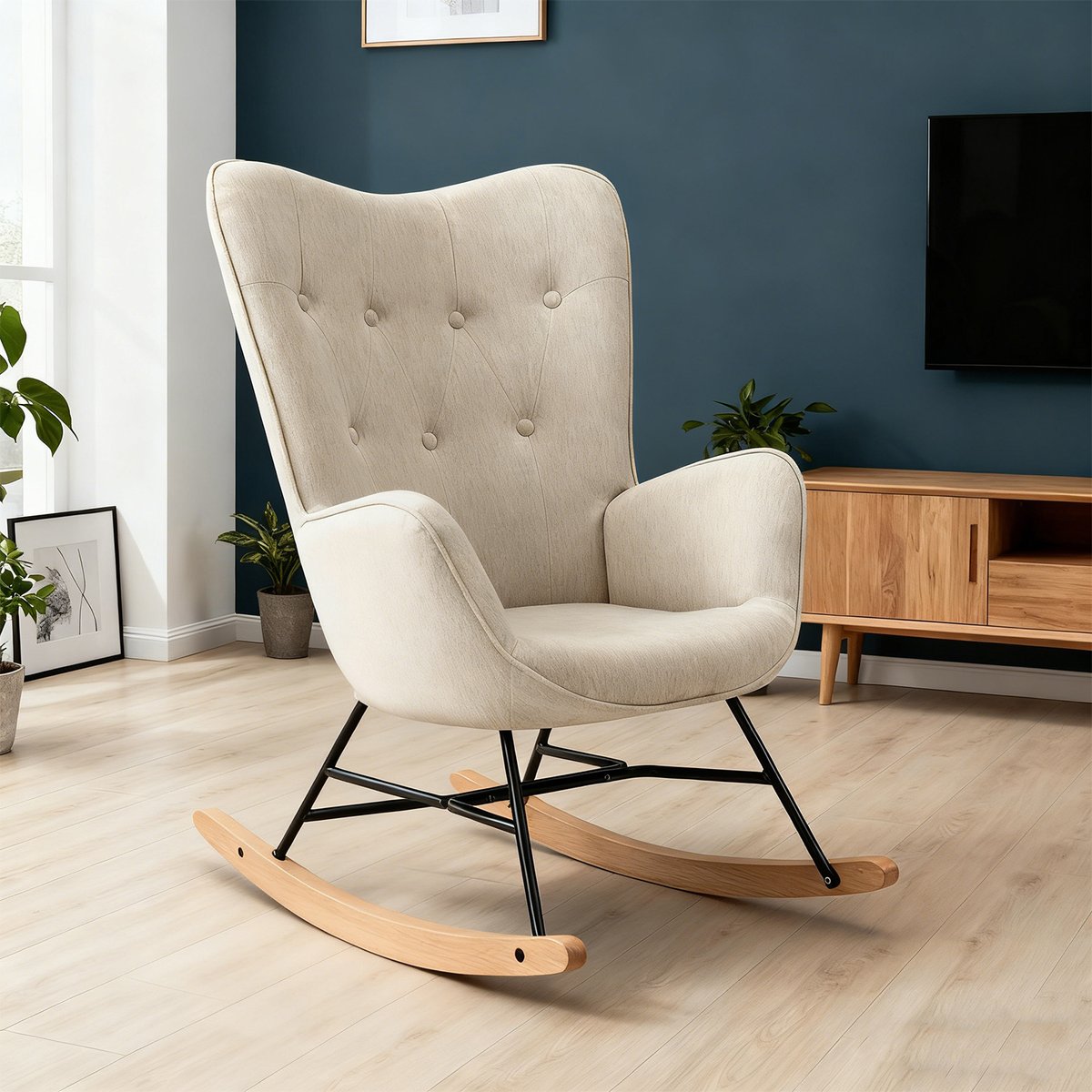 Fauteuil à bascule rocking chair scandinave en tissu, EPPING beige, MEUBLES COSY
