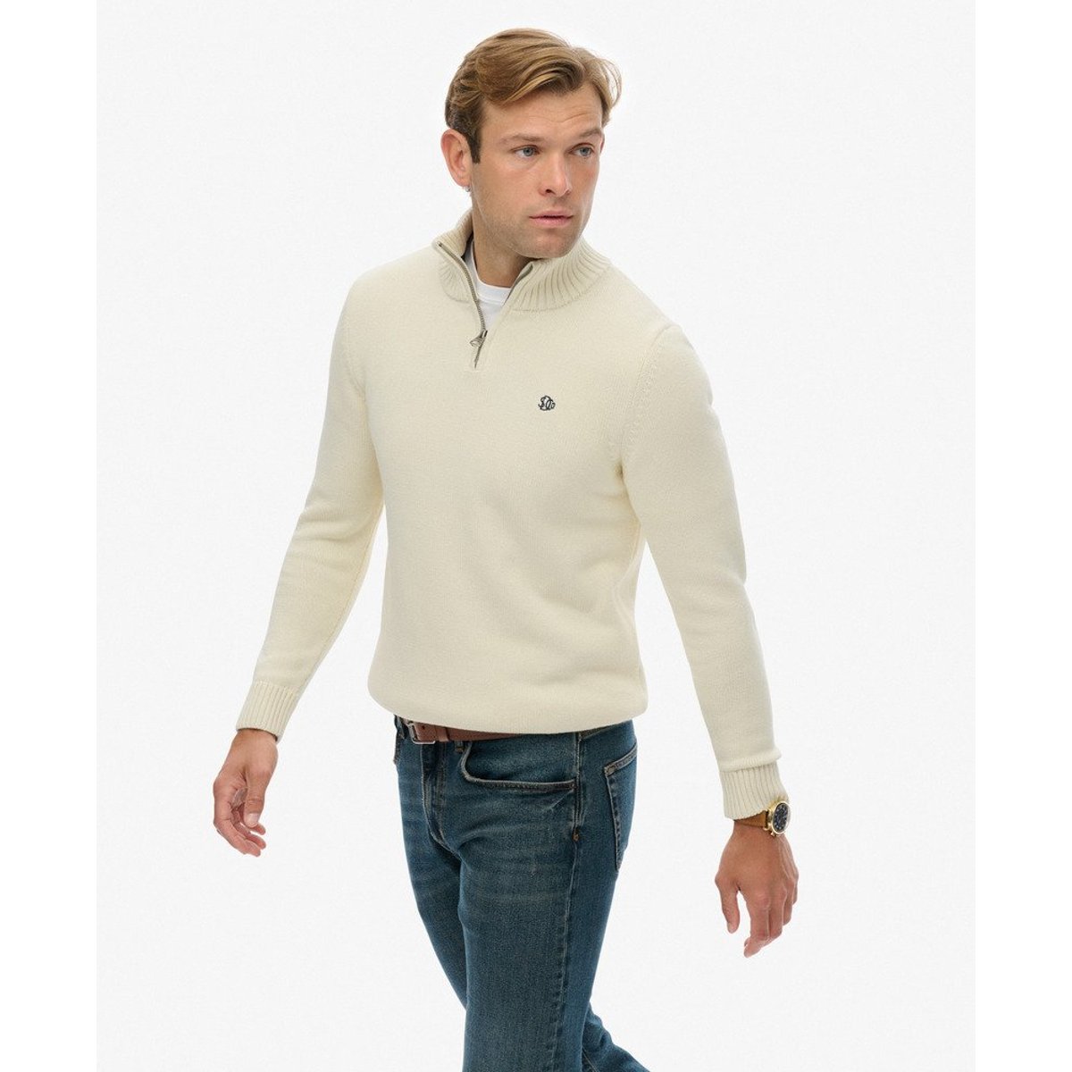 Pull en maille à demi-zip en coton crème, SUPERDRY