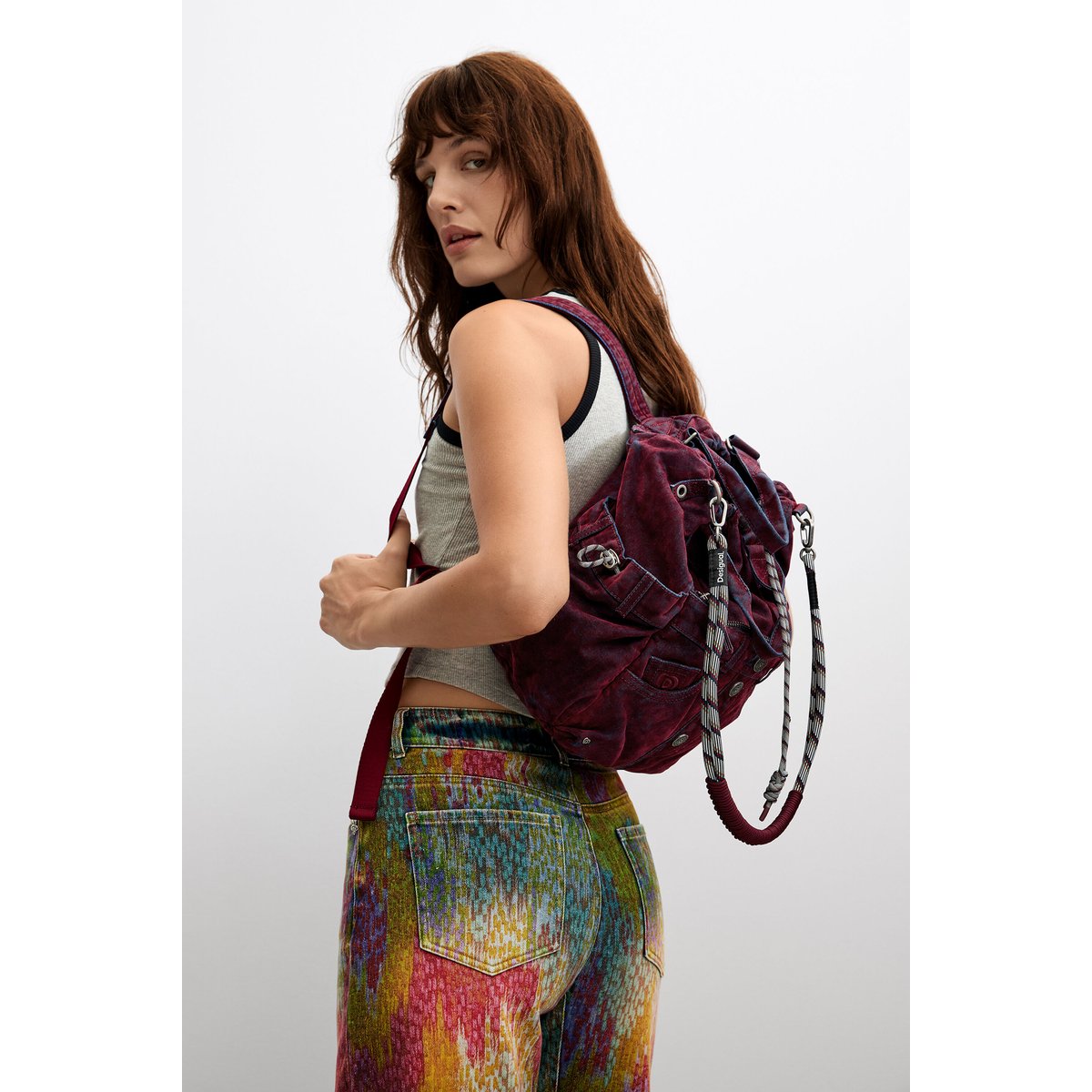sac à dos multiposition moyen en denim velours rouge, DESIGUAL