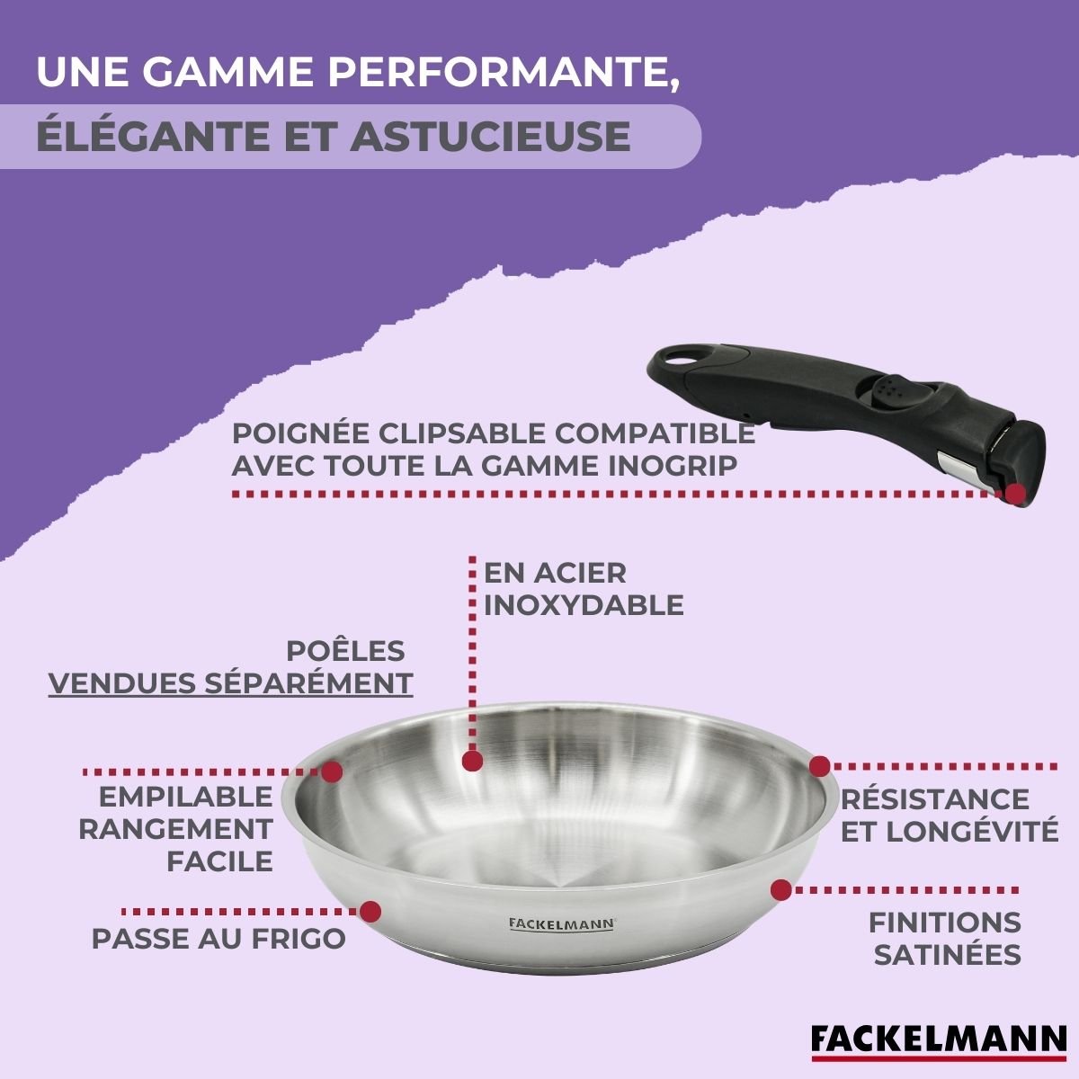 Poêle à manche amovible InoGrip inox, FACKELMANN