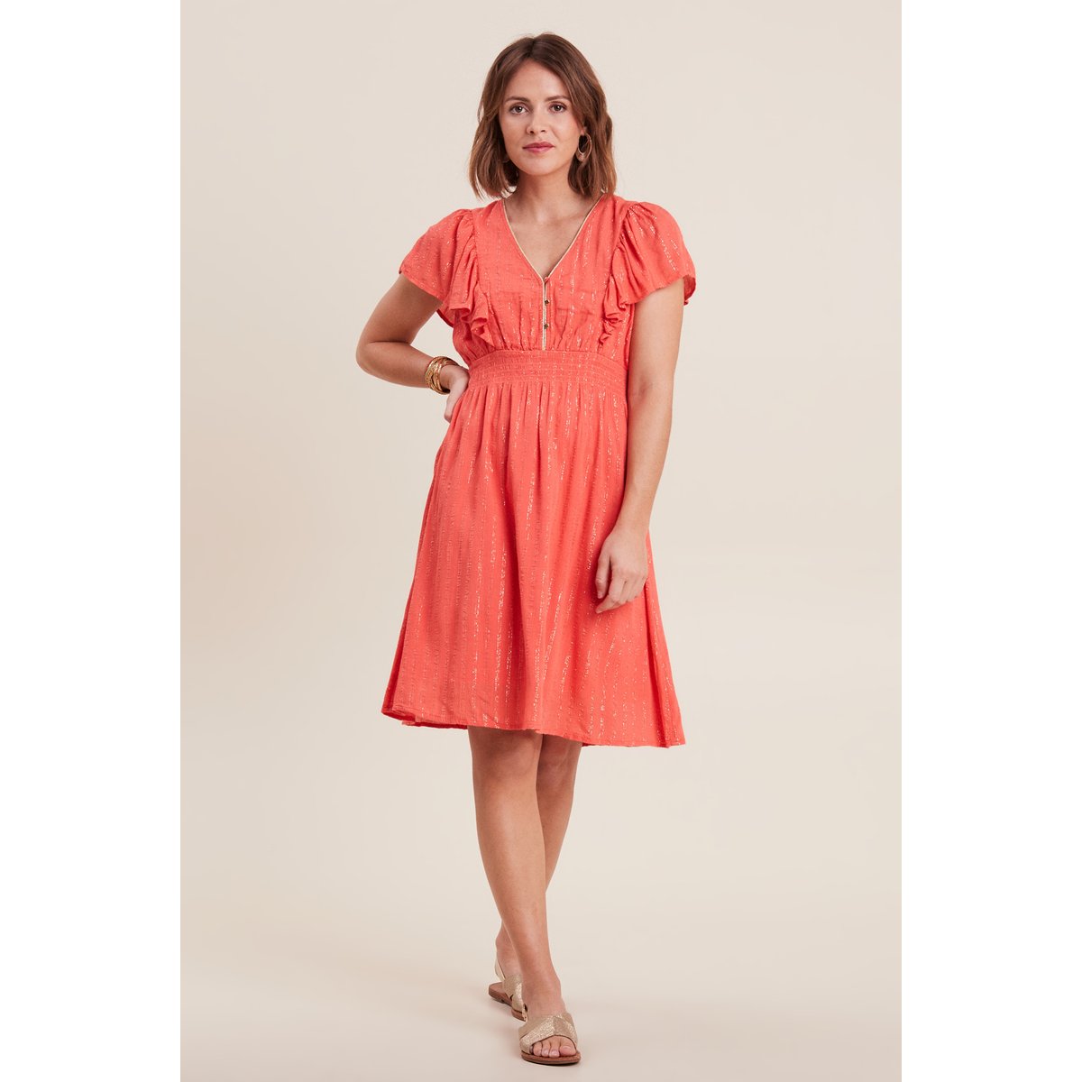 Robe droite fluide smockée orange clair, BREAL