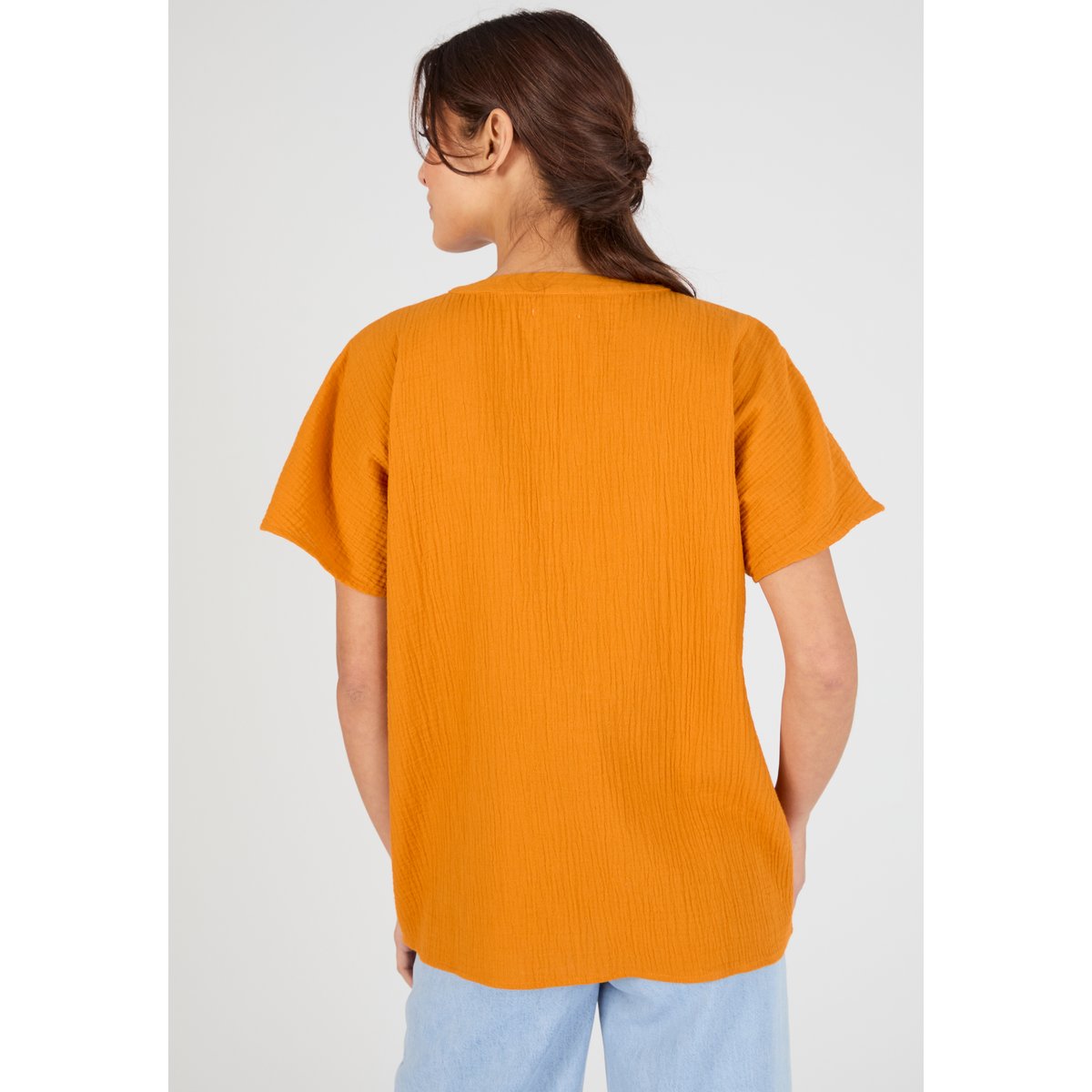 Blouse brodée en double gaze effet crêpé orange ocre, DAMART
