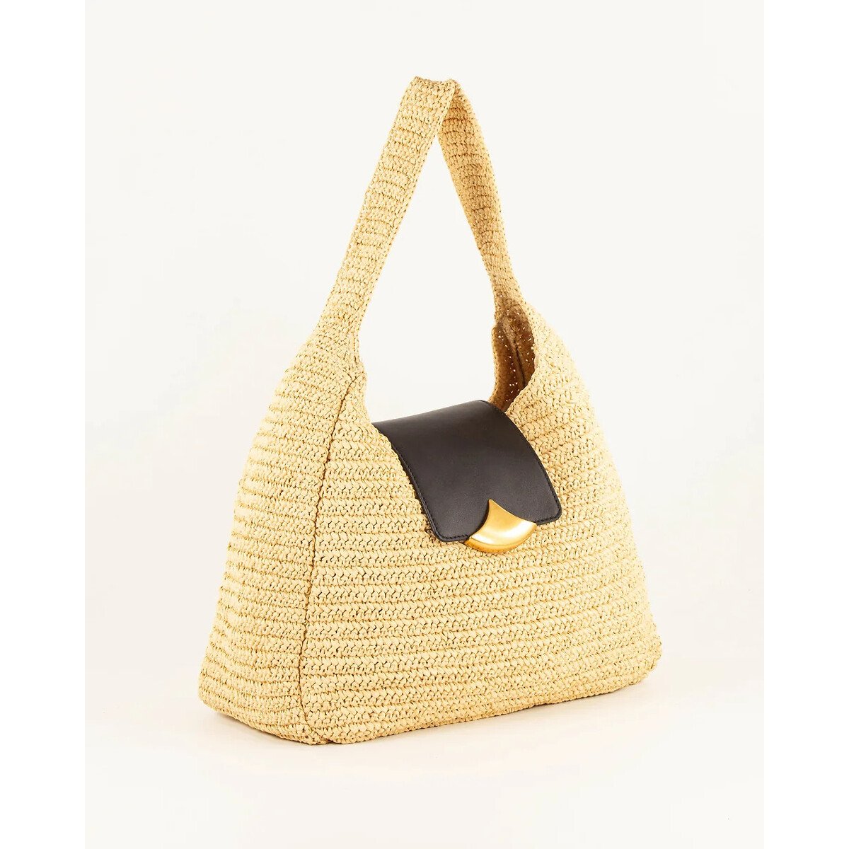 Gehäkelte Hobo-Bag mit Lederklappe MAELUZ natur, SESSUN
