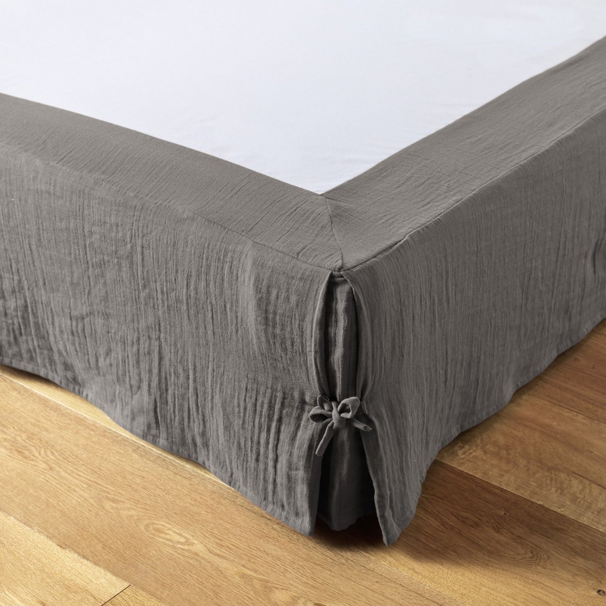 Cache sommier, en 100 % Gaze de coton, avec volant 30 cm granit, EDEN