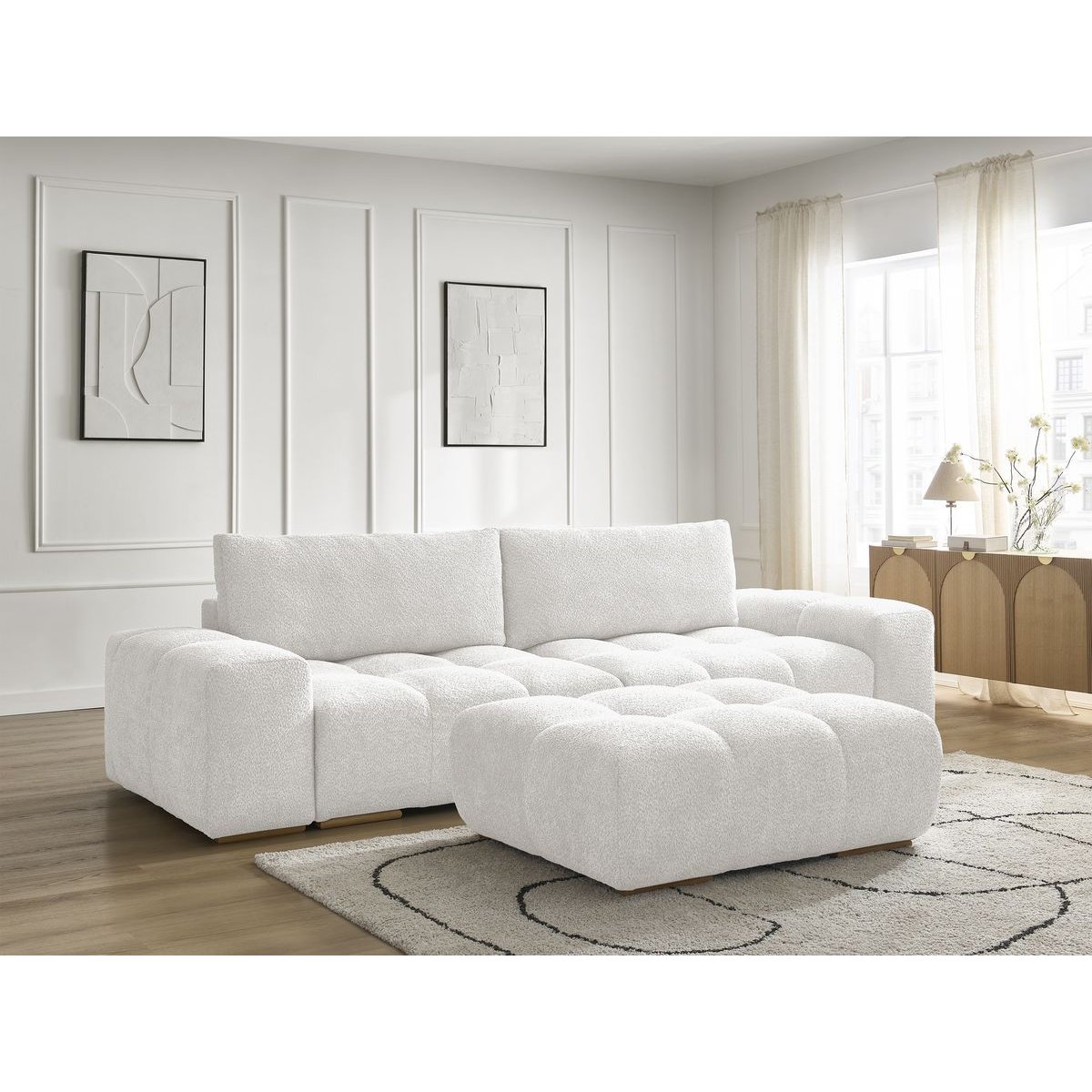 Canapé droit convertible 4 places en tissu bouclette avec pouf, ANAKIN blanc, BOBOCHIC