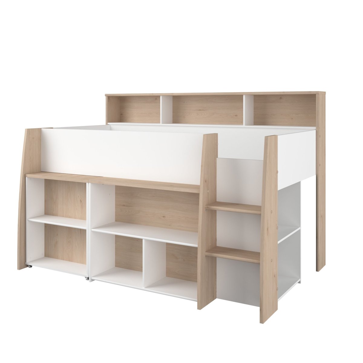 Lit mezzanine enfant bois avec bureau escamotable et rangements blanc, TERRE DE NUIT