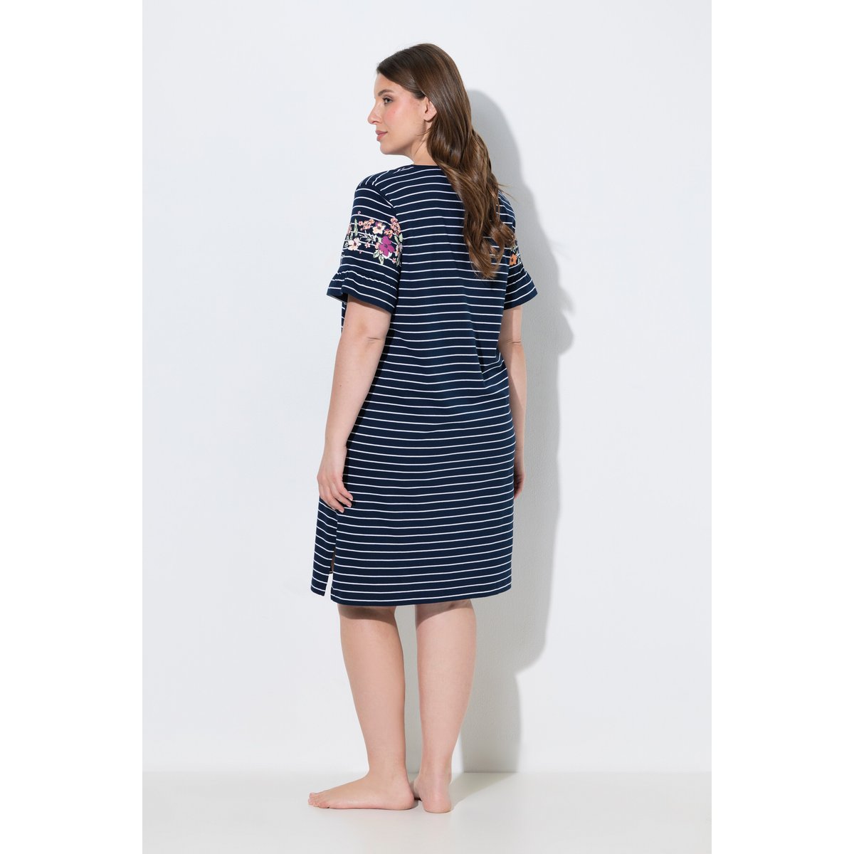T-shirt long à rayures fleuries, col rond bleu nuit, ULLA POPKEN