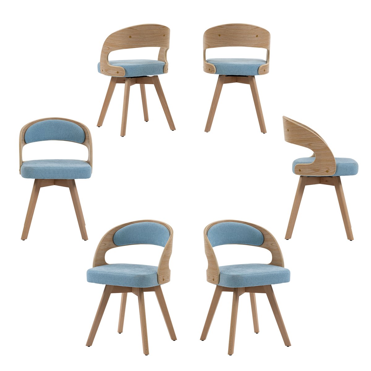 Lot de 6 fauteuils de salle à manger rotatif scandinave en hêtre, GINNY bleu, MEUBLES COSY