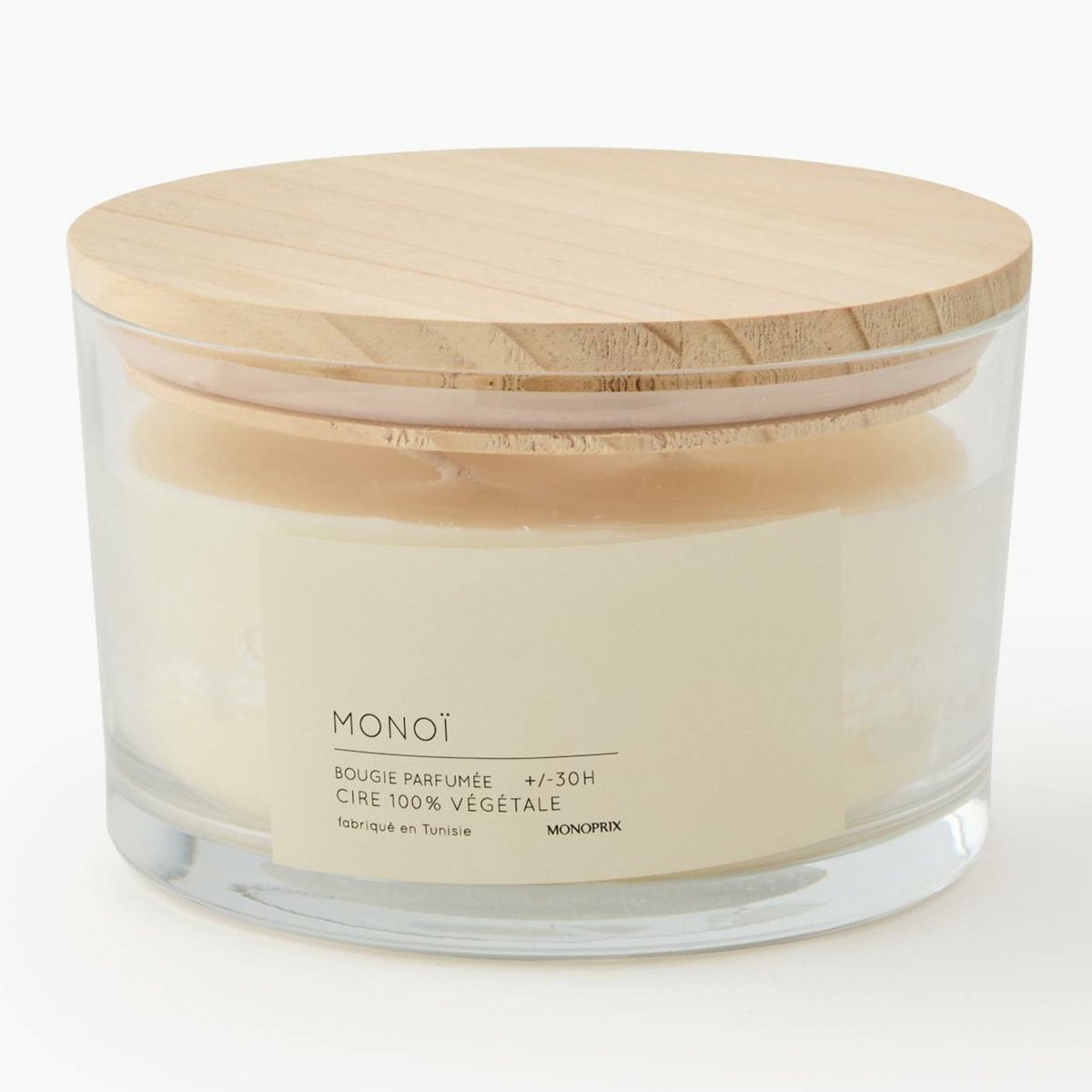 Bougie 3 mèches dans un verre en cire végétale parfum monoï couleur unique, MONOPRIX