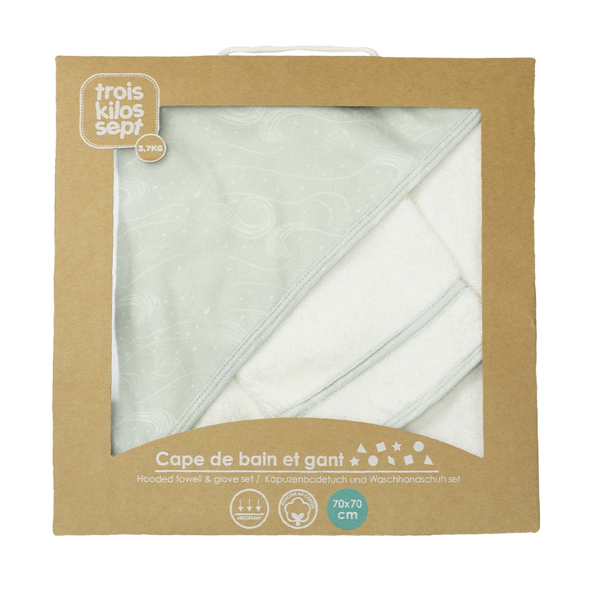 Cape de bain + gant vert d'eau, blanc, TROIS KILOS SEPT