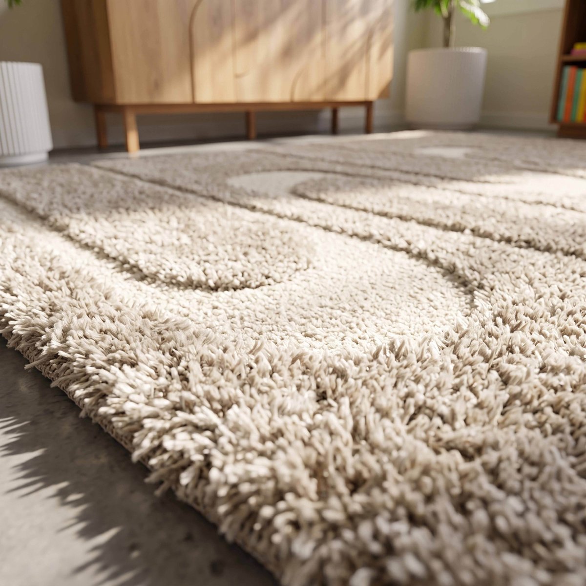 Tapis shaggy rectangulaire en polyester recyclé motif géométrique à poils longs, ZIGGY taupe, OVIALA