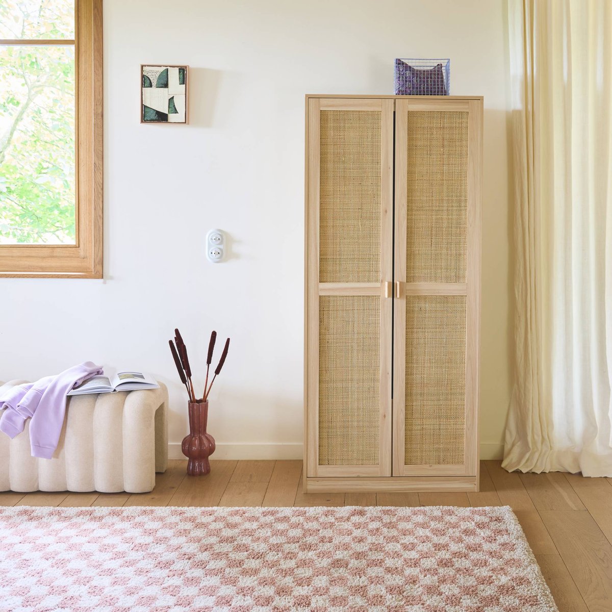 Armoire dressing décor bois et cannage 2 portes avec penderie et rangements CAMARGUE naturel, SWEEEK