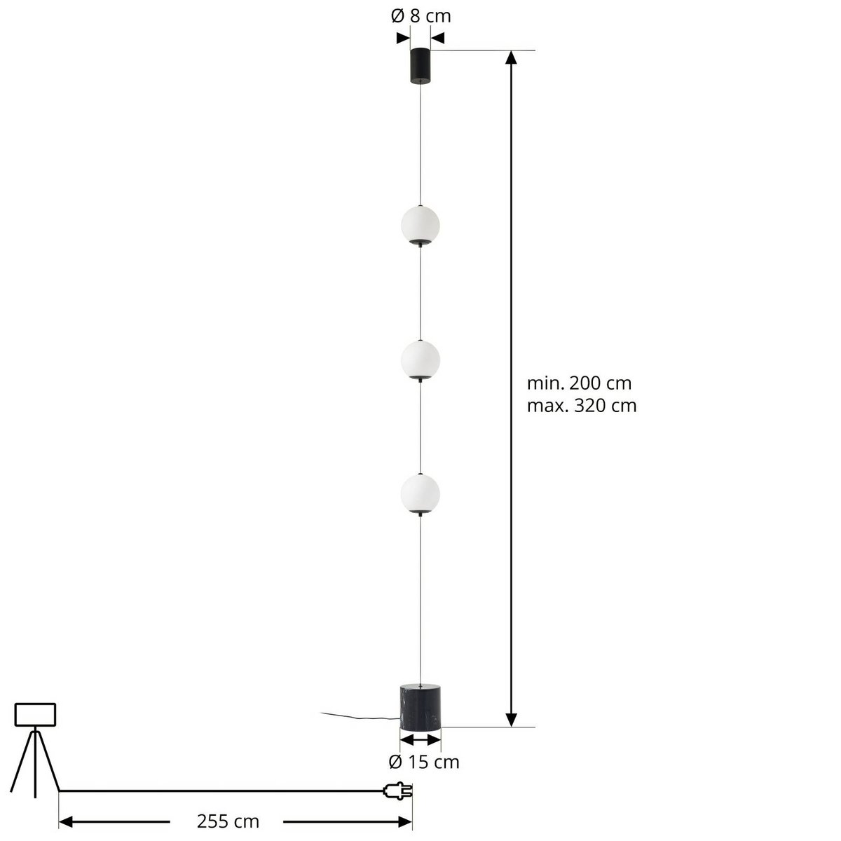 Lampadaire en verre moderneLED, Darrow noir, blanc, LUCANDE