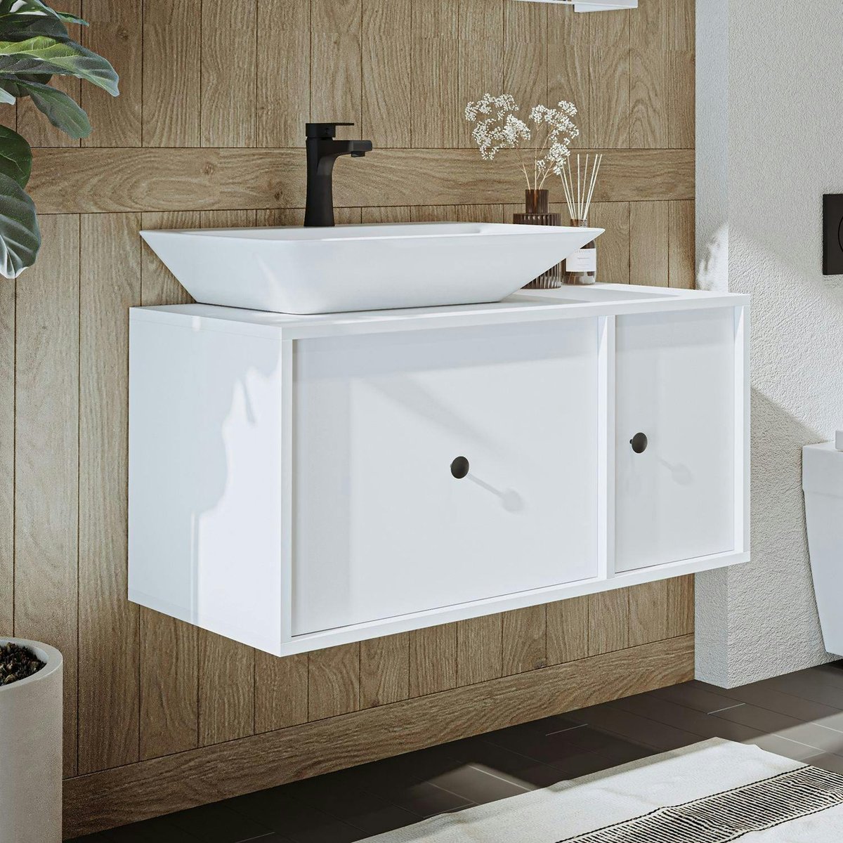 Vasque suspendue 1 porte 1 tiroir RIV blanc, PIER IMPORT