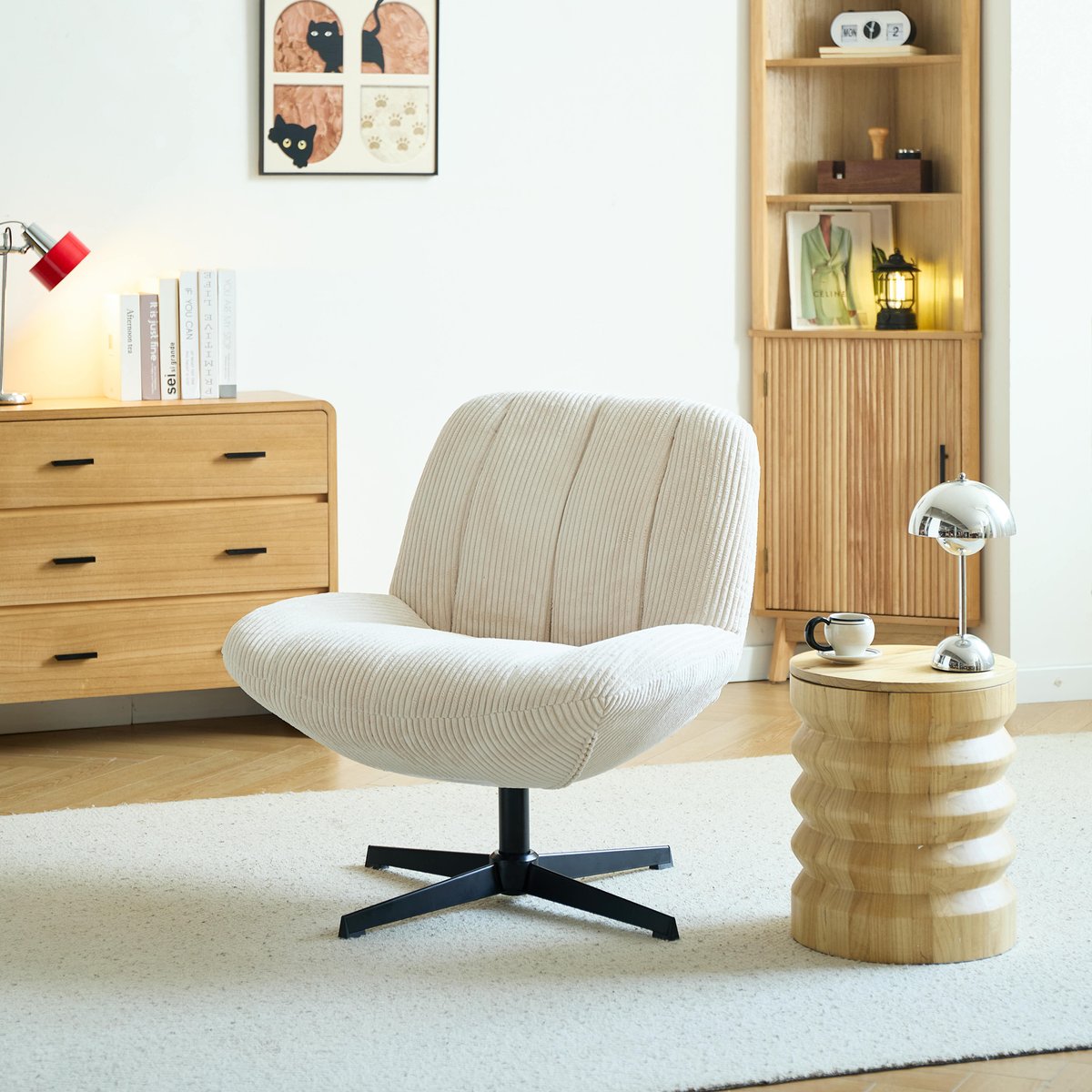 Fauteuil de salon pivotant, velours côtelé, NAMSOS beige, NORDLYS