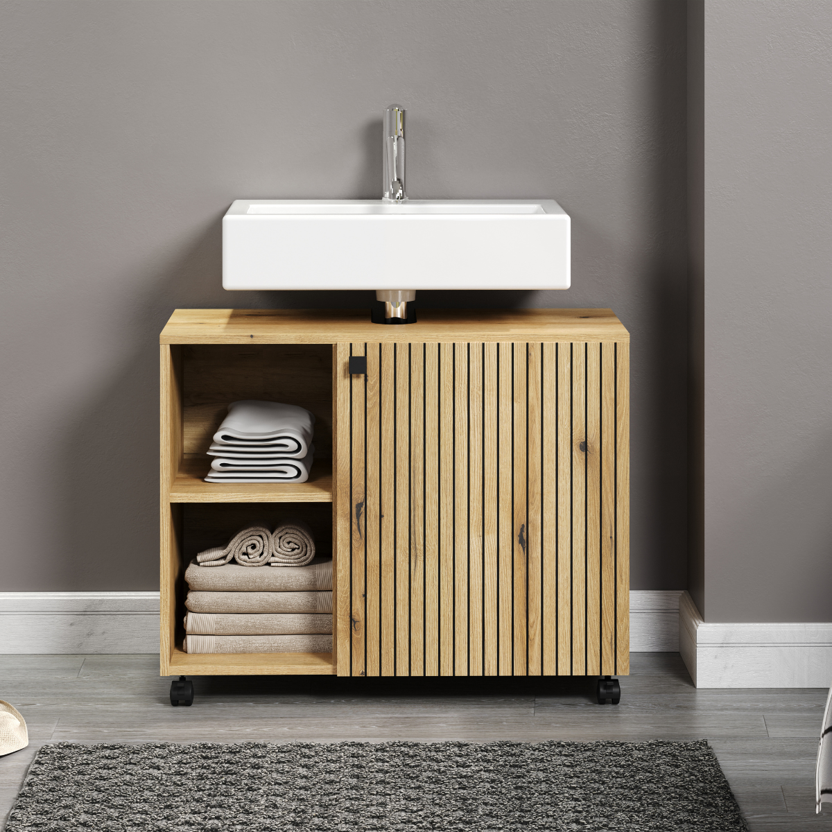 Meuble sous vasque sur roulettes 1 porte et 2 niches L80 cm - PUREBLISS chêne blond et noir mat, CALICOSY