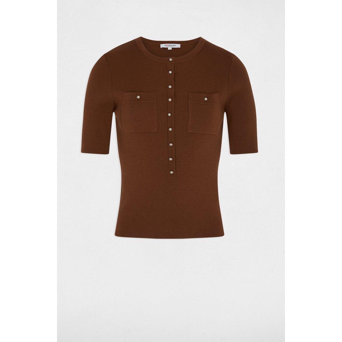 Pull col rond manches courtes marron chocolat, MORGAN