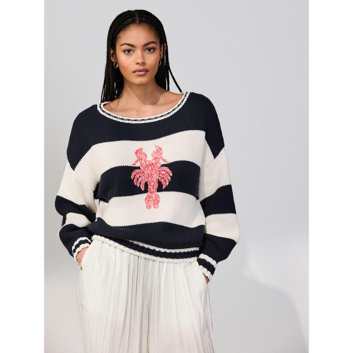 Pull à épaules dénudées en coton majoritaire rayures homard marine/blanches, NEXT
