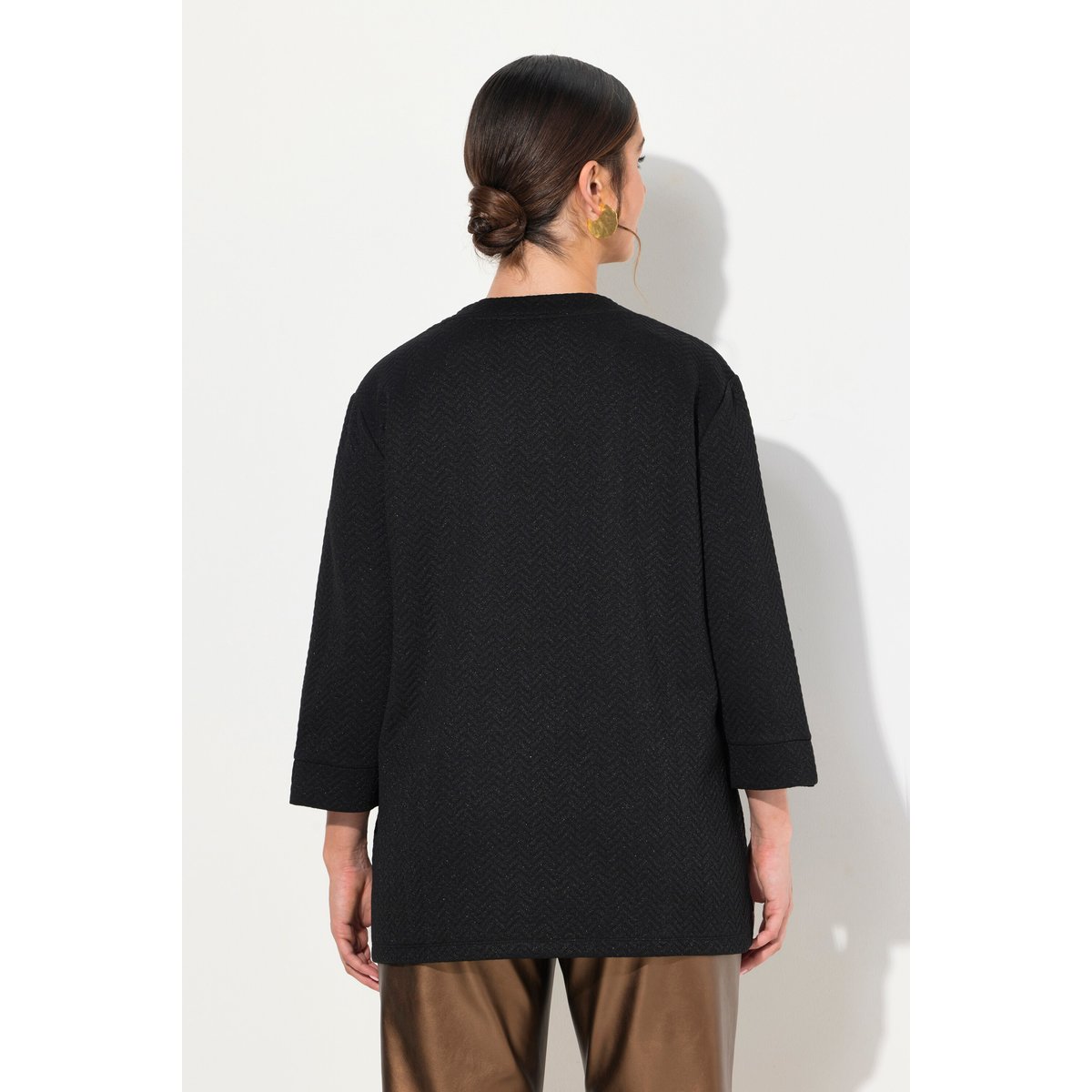 Sweat-shirt à manches 3/4 et col en V noir, ULLA POPKEN