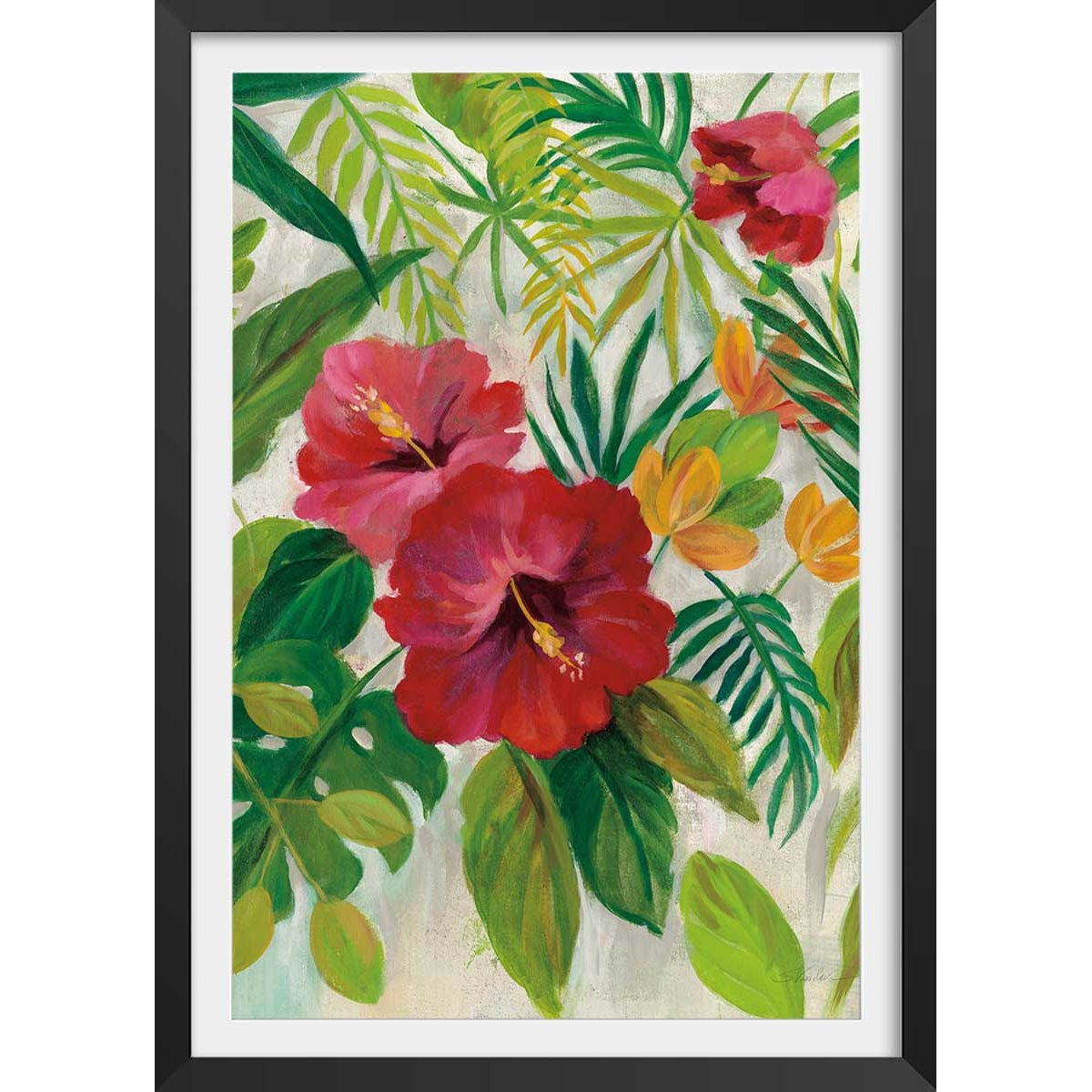 Poster Hibiscus des tropiques affiche + cadre en bois - noir, HEXOA