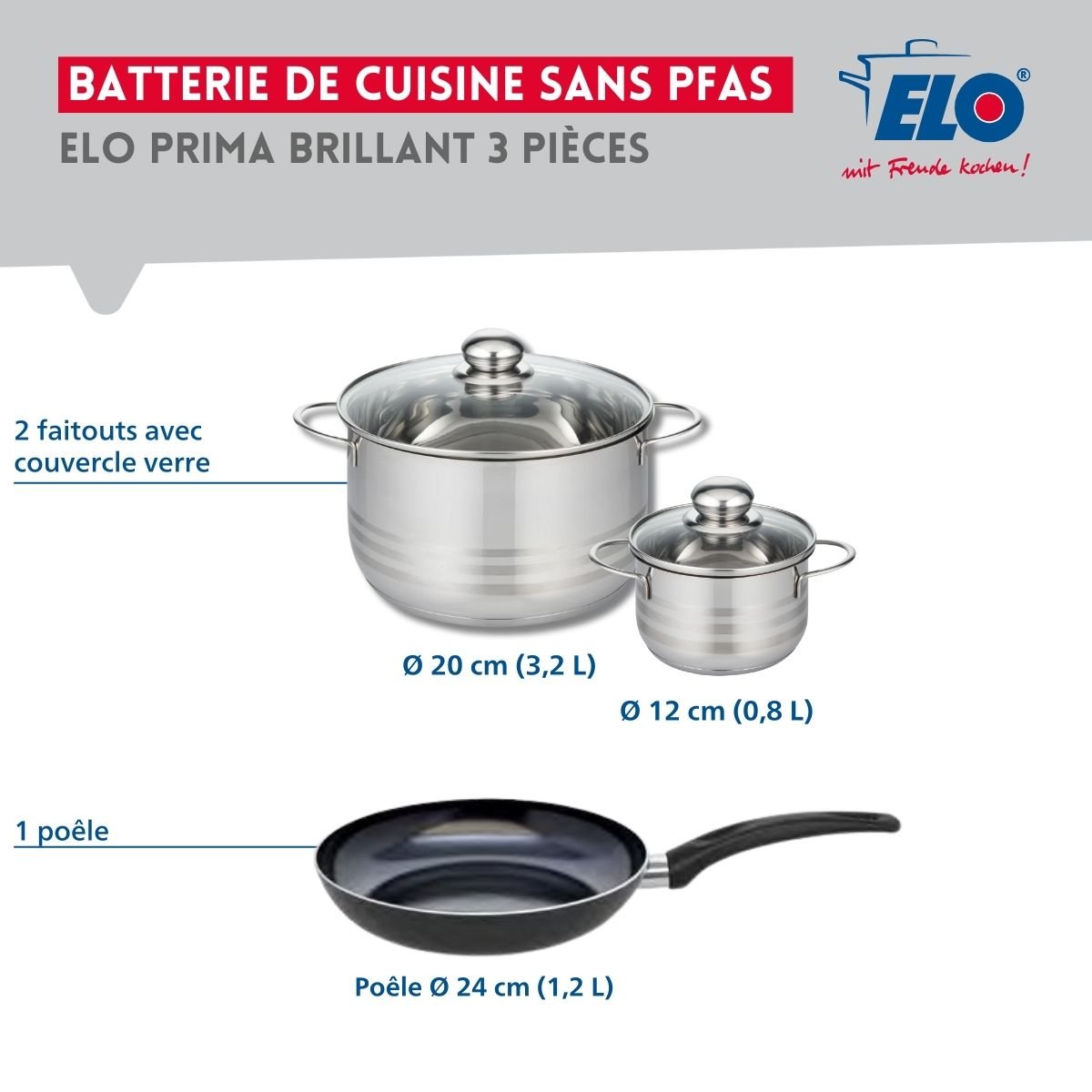 Batterie 1 poêle 24cm + 2 faitouts 12/20cm PRIMA BRILLANT noir, ELO