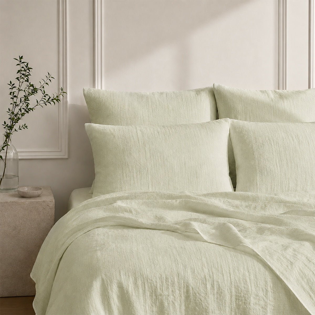 Parure + taies 65x65 lin lavé ADELE Made in Europe vert amande, FEBRONIE