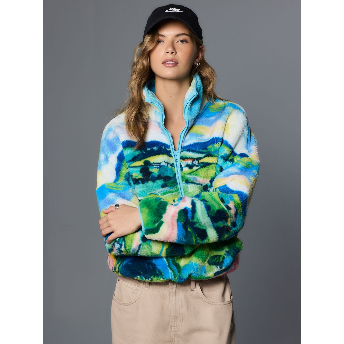 Veste confortable semi-zippée en peau lainée imprimé scénic bleu, NEXT