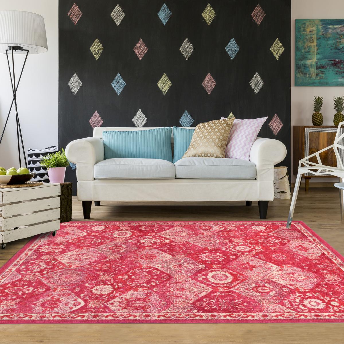 Tapis orient tissé motif traditionnel OLNA rose, blanc, UN AMOUR DE TAPIS