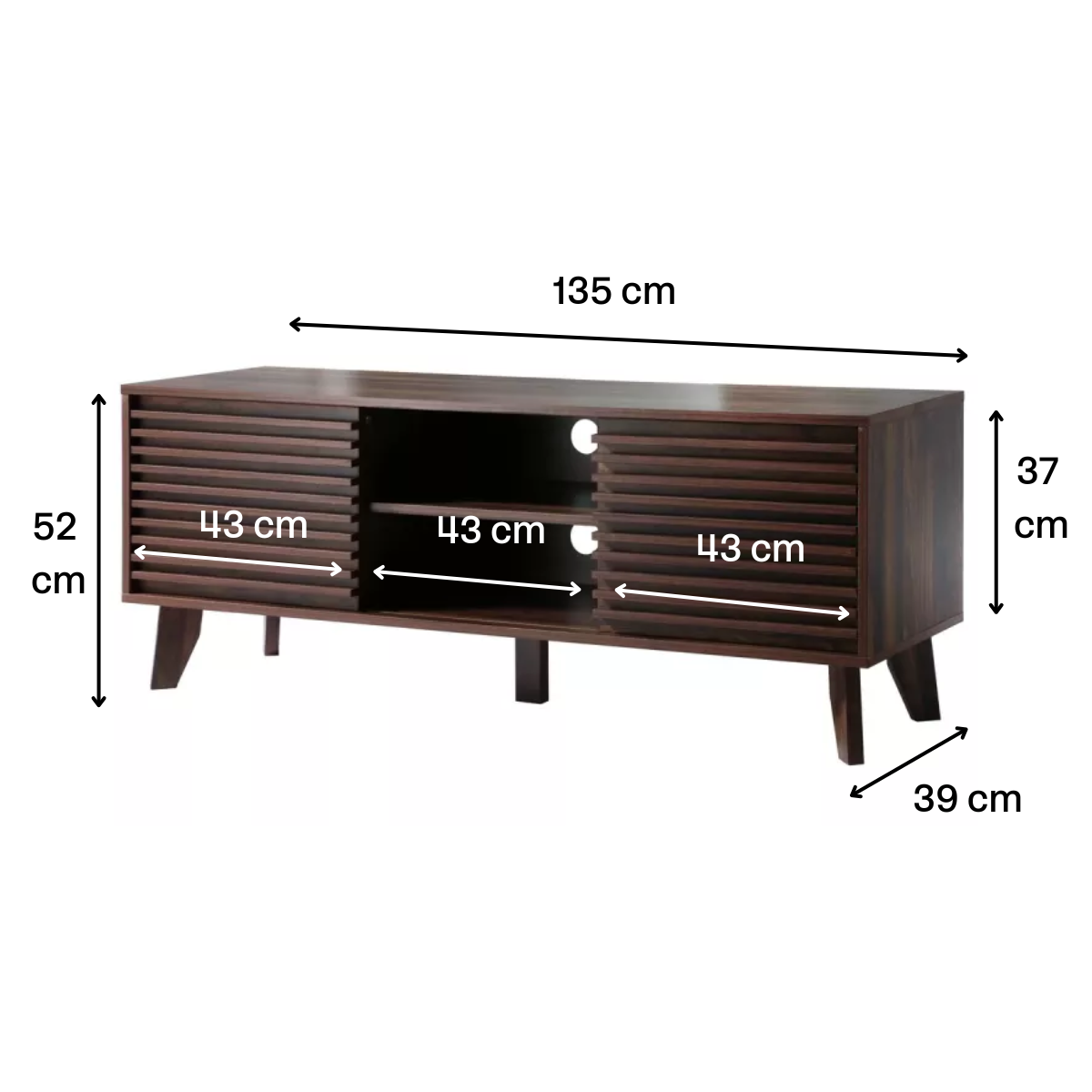 Meuble TV portes coulissantes Façades Effet Bois Rainuré L135 cm - FRIBOURG bois foncé, CALICOSY