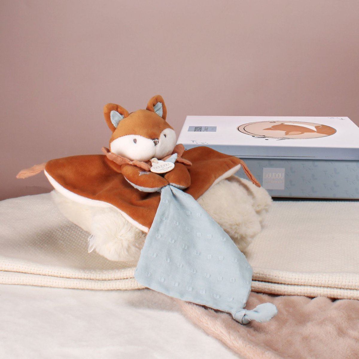 Doudou attache-sucette marron, bleu, DOUDOU ET COMPAGNIE