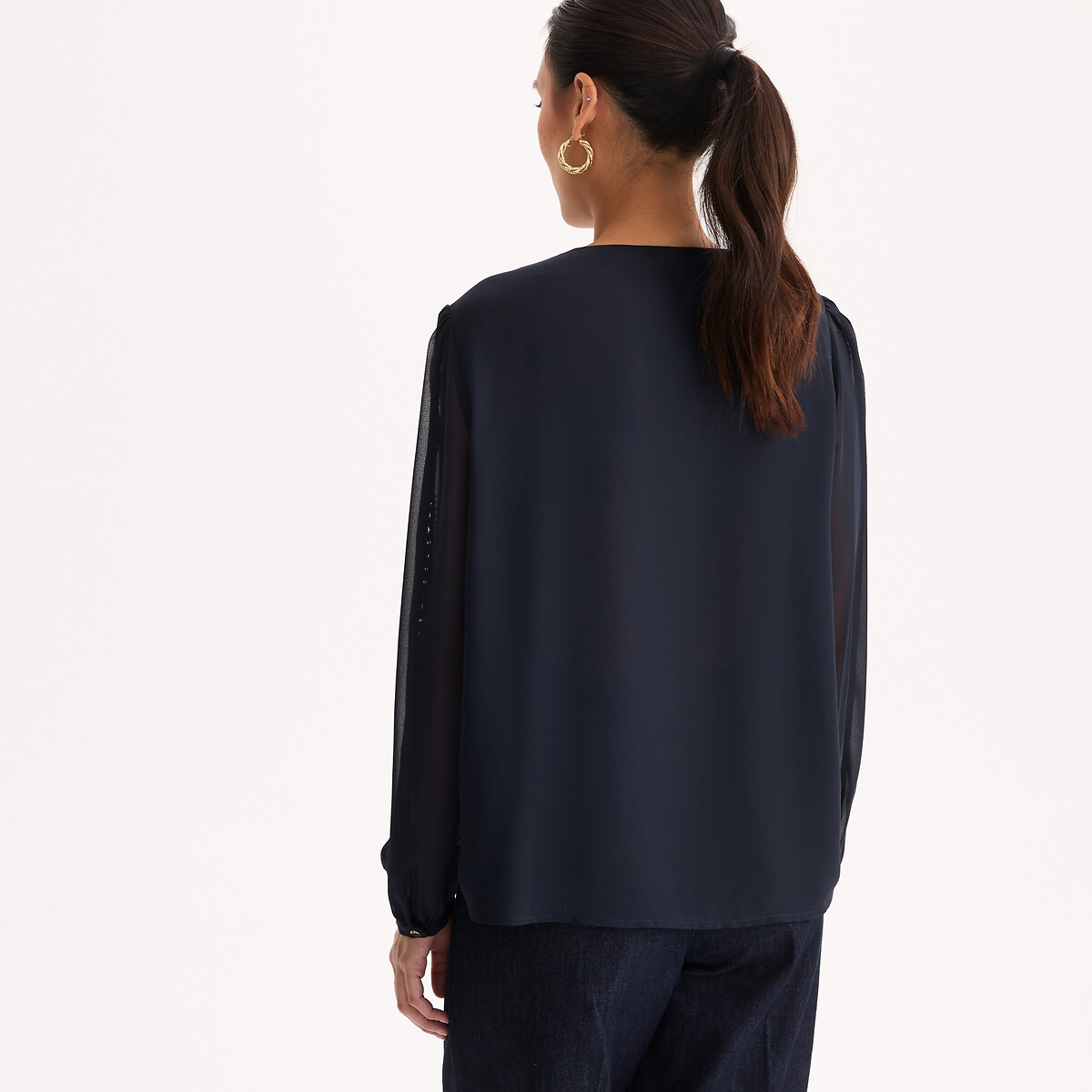 Blouse col V manches longues avec dentelle bleu marine, ANNE WEYBURN