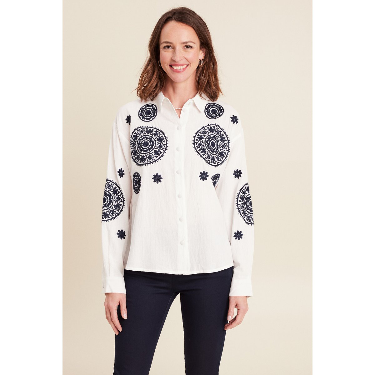 chemise en coton brodée manches longues ecru, BREAL