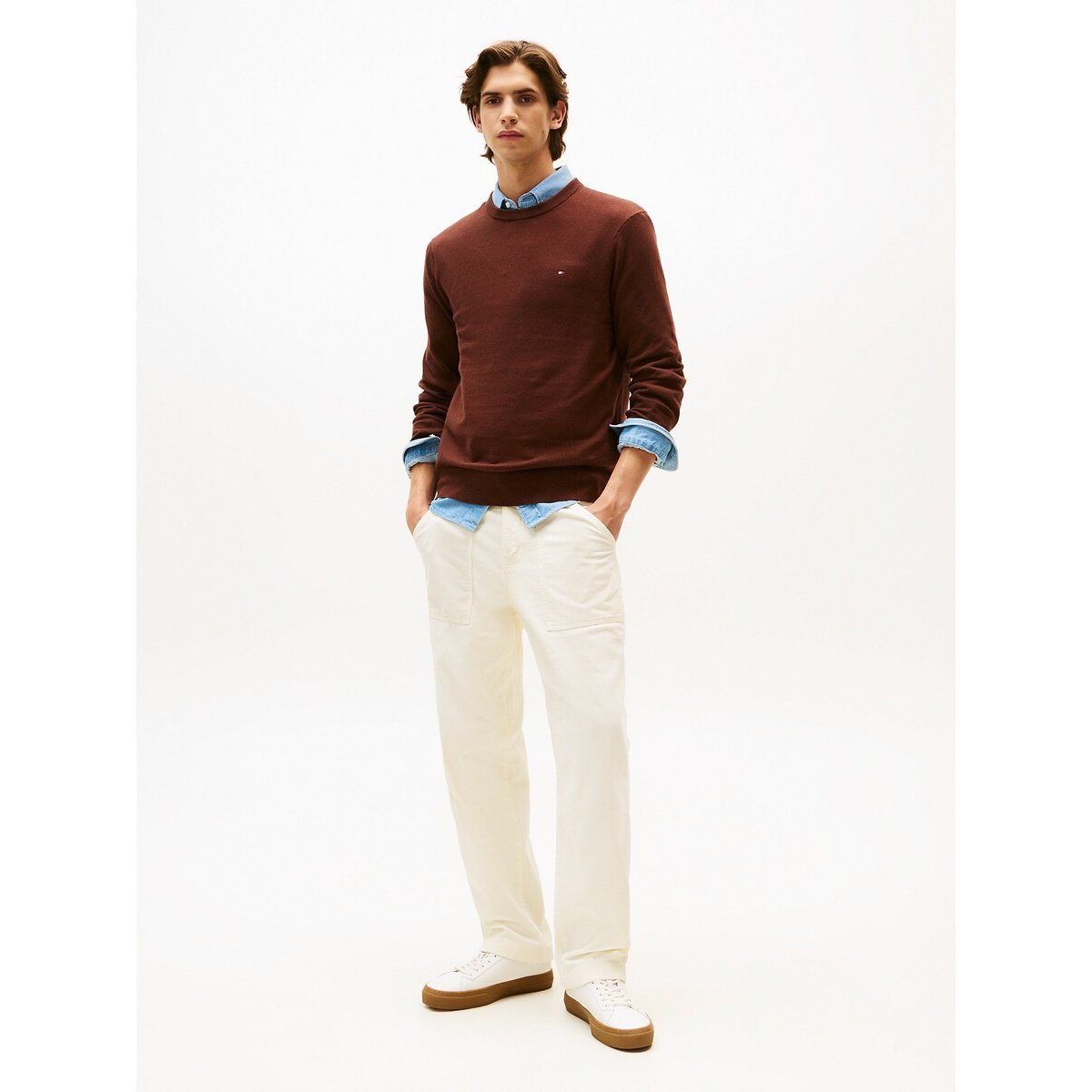 Pull col rond en coton pima et cachemire marron, TOMMY HILFIGER