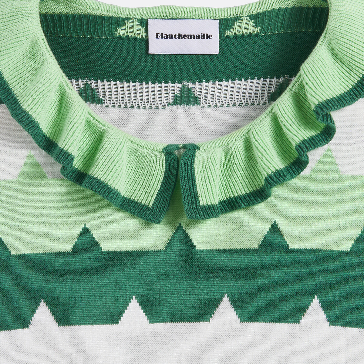 Pull col claudine volanté, en pur coton rayé vert, BLANCHEMAILLE