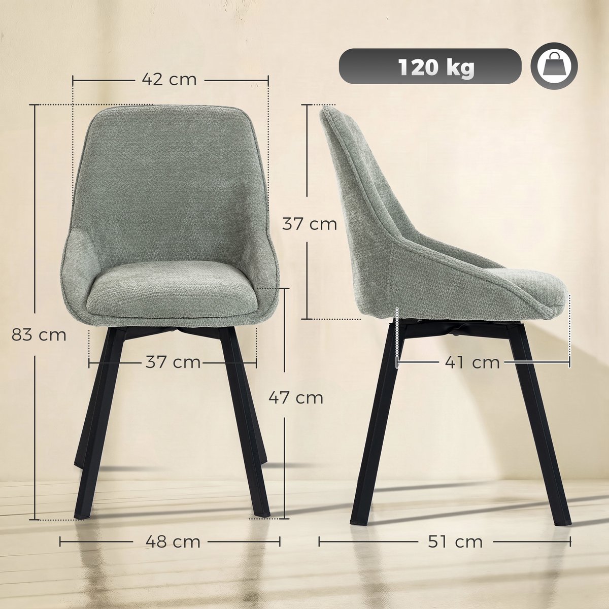 Chaise de salle à manger Tissu chenille (100 vert clair, HOMCOM