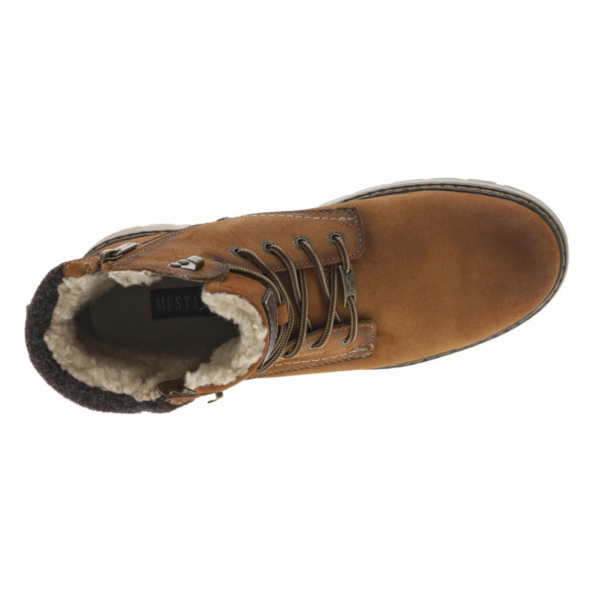 Bottines cognac à talon plat pourvues d'une fermeture zippée et de lacets cognac, MUSTANG