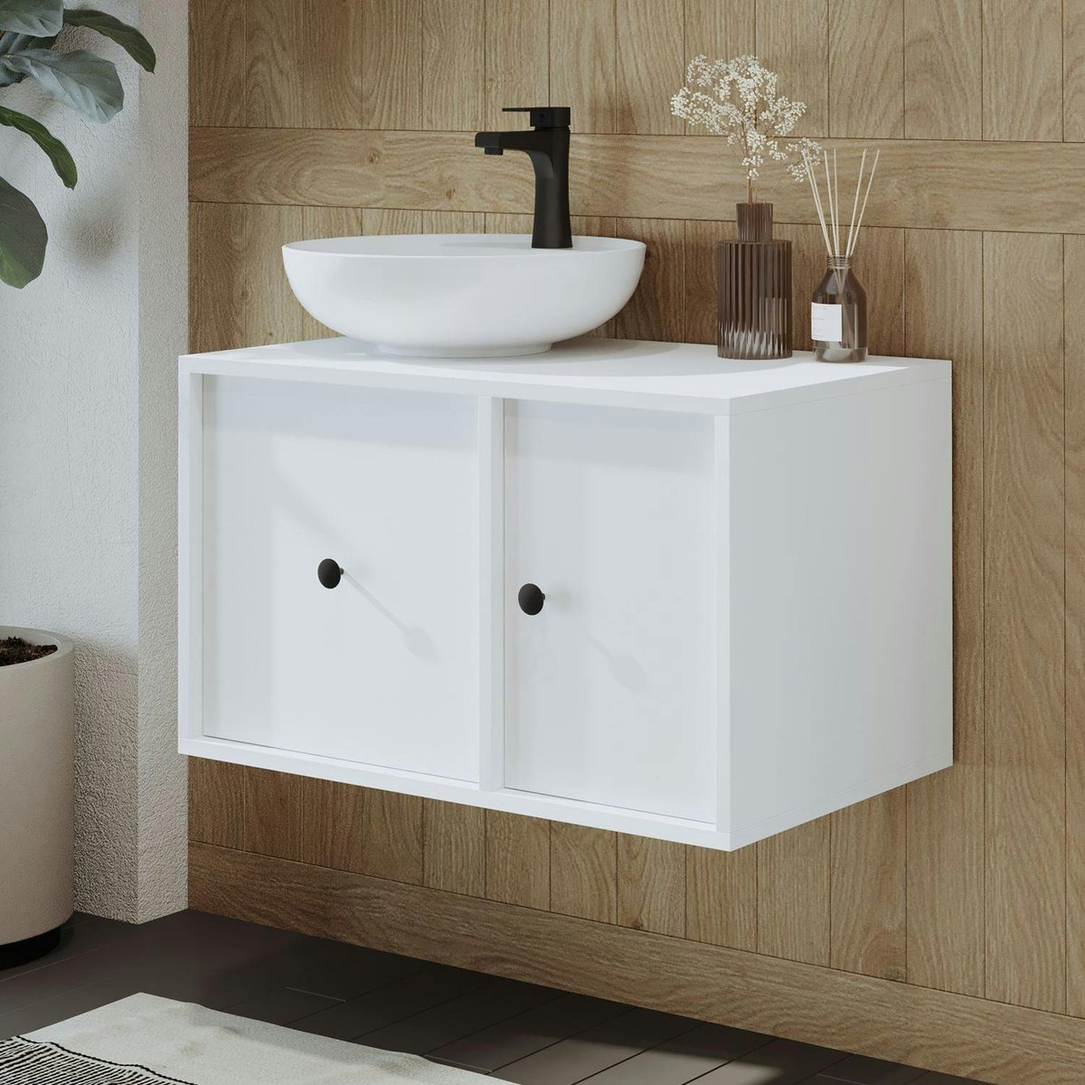 Meuble suspendu 1 tiroir 1 porte + vasque ronde EBE blanc, PIER IMPORT