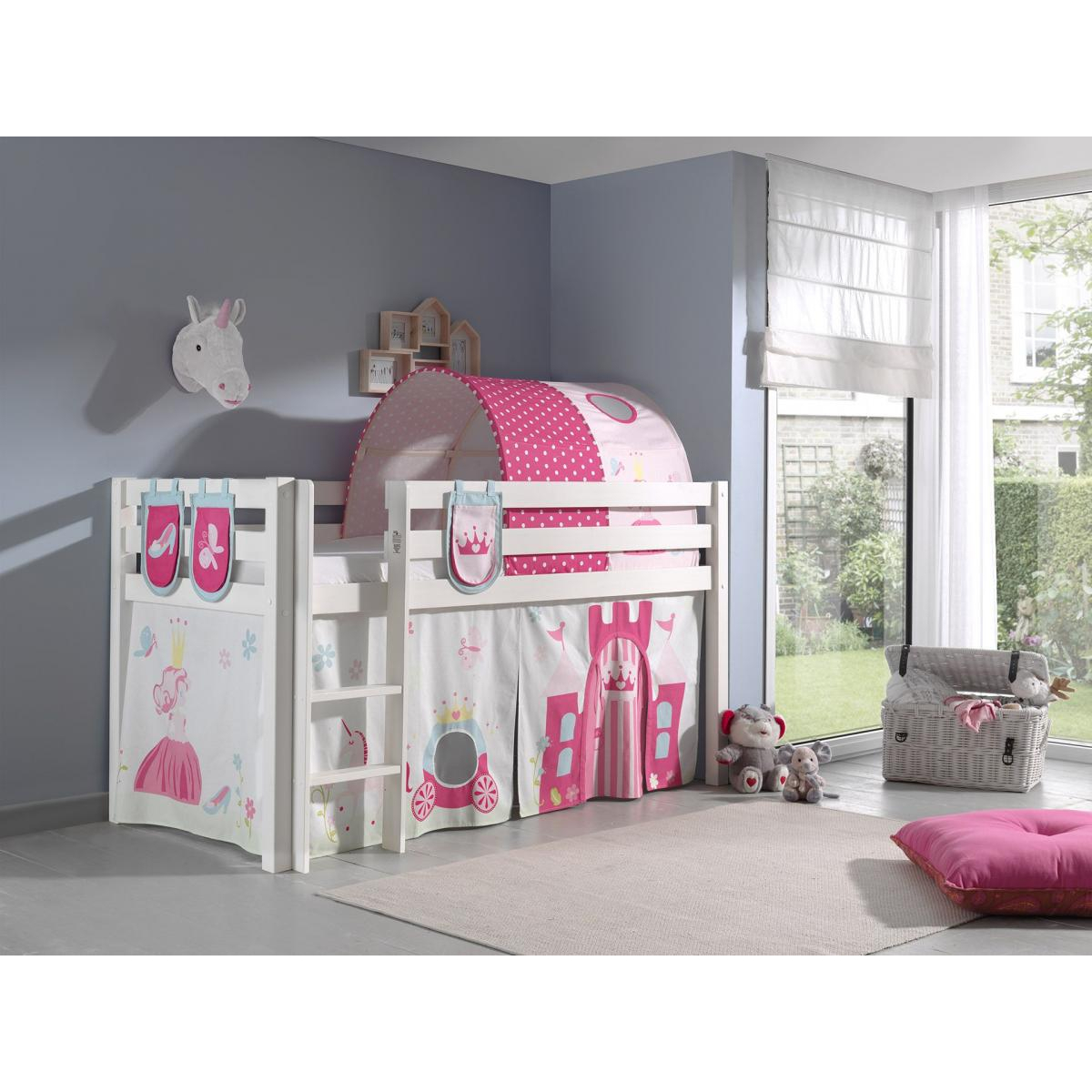 PINO Lit sureleve avec sommier + Rideau + tunnel de lit + 3 pochettes Little Princess couleur unique, VIPACK