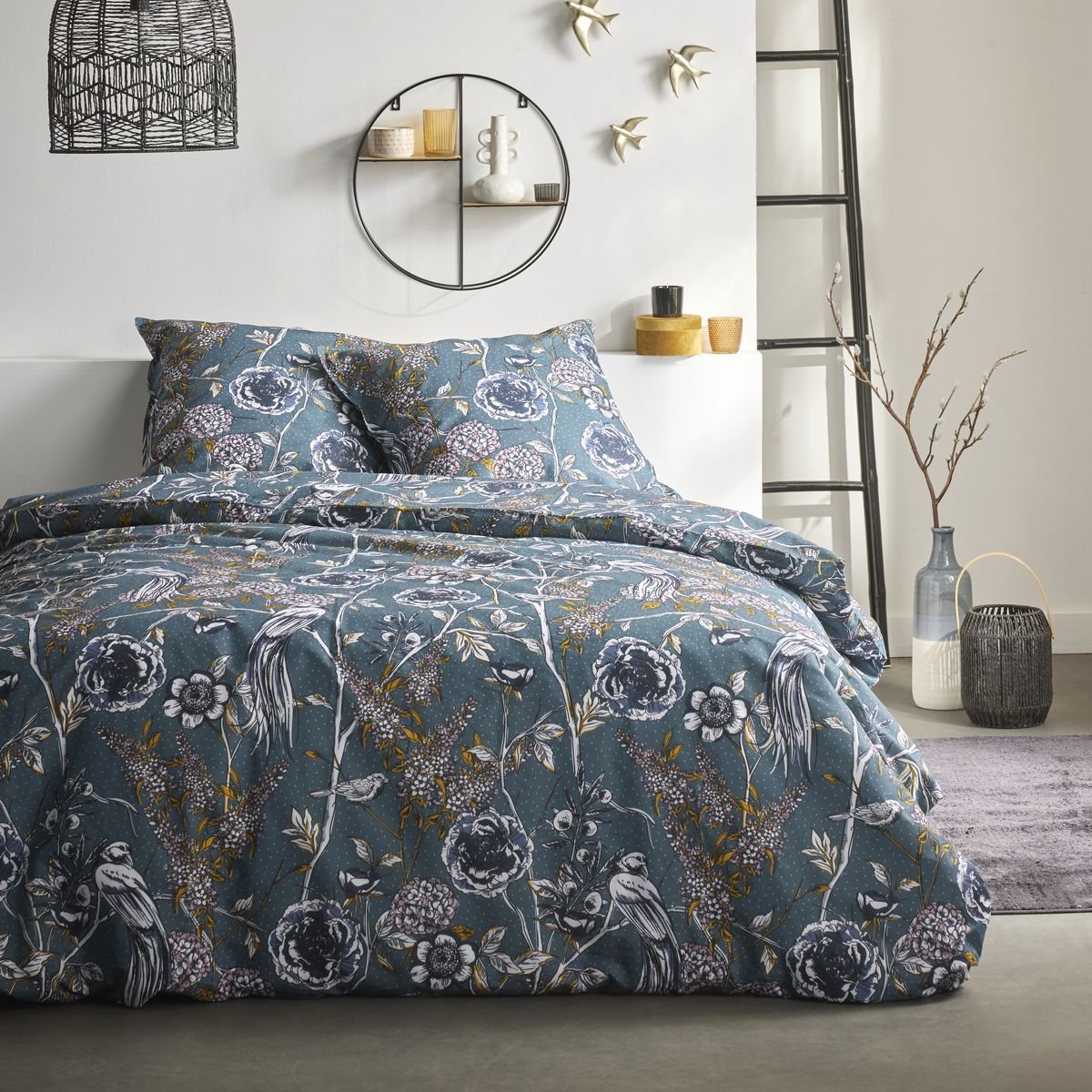 Parure de lit imprimé Floral coton SUNSHINE MATHILDA bleu, TODAY