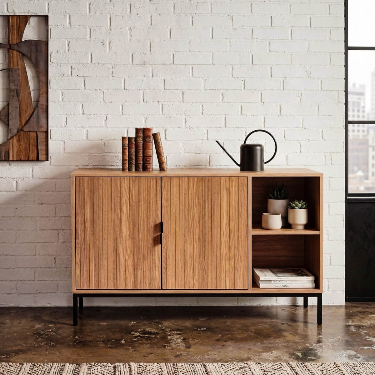 Buffet 2 portes 2 niches ouvertes effet bois rainuré L110 cm - TARA bois clair, CALICOSY