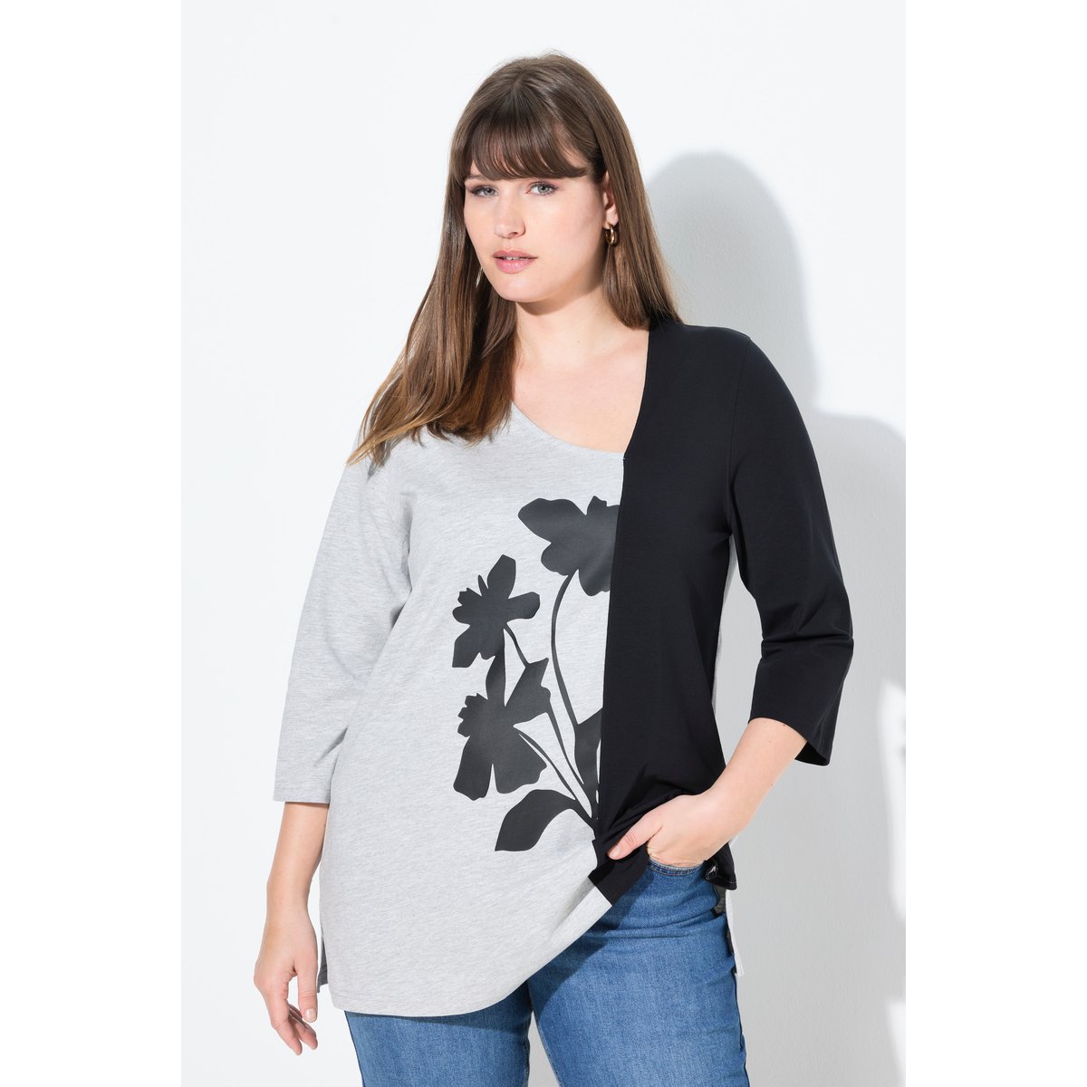 T-shirt en coton bio, motif à fleurs gris chiné, ULLA POPKEN