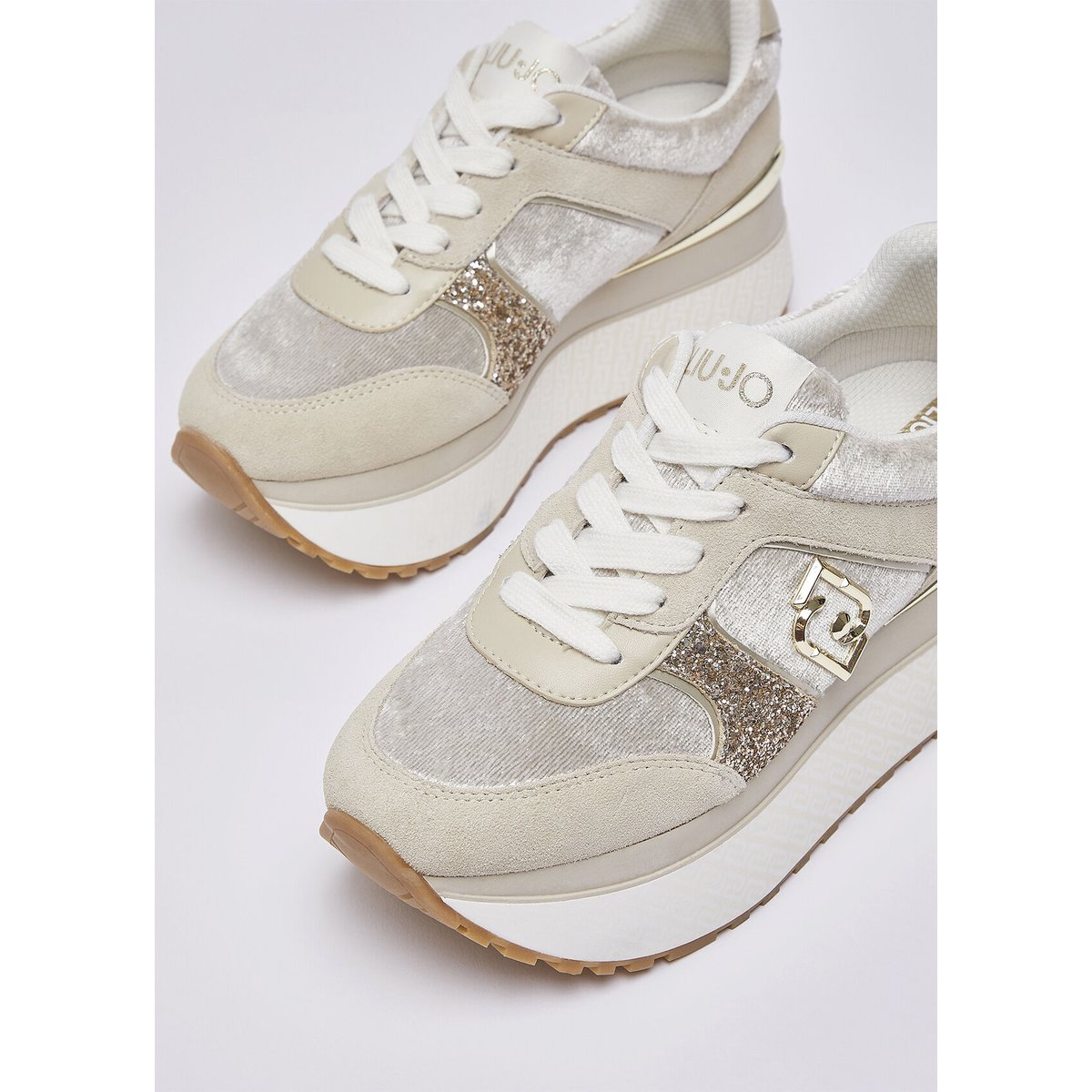 Baskets super plateforme effet velours blanc et beige, LIU JO