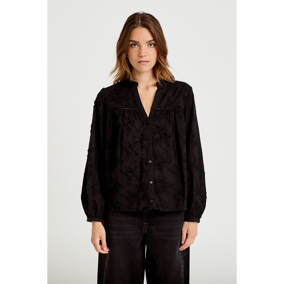 Blouse droite col rond manches longues noir, CACHE CACHE