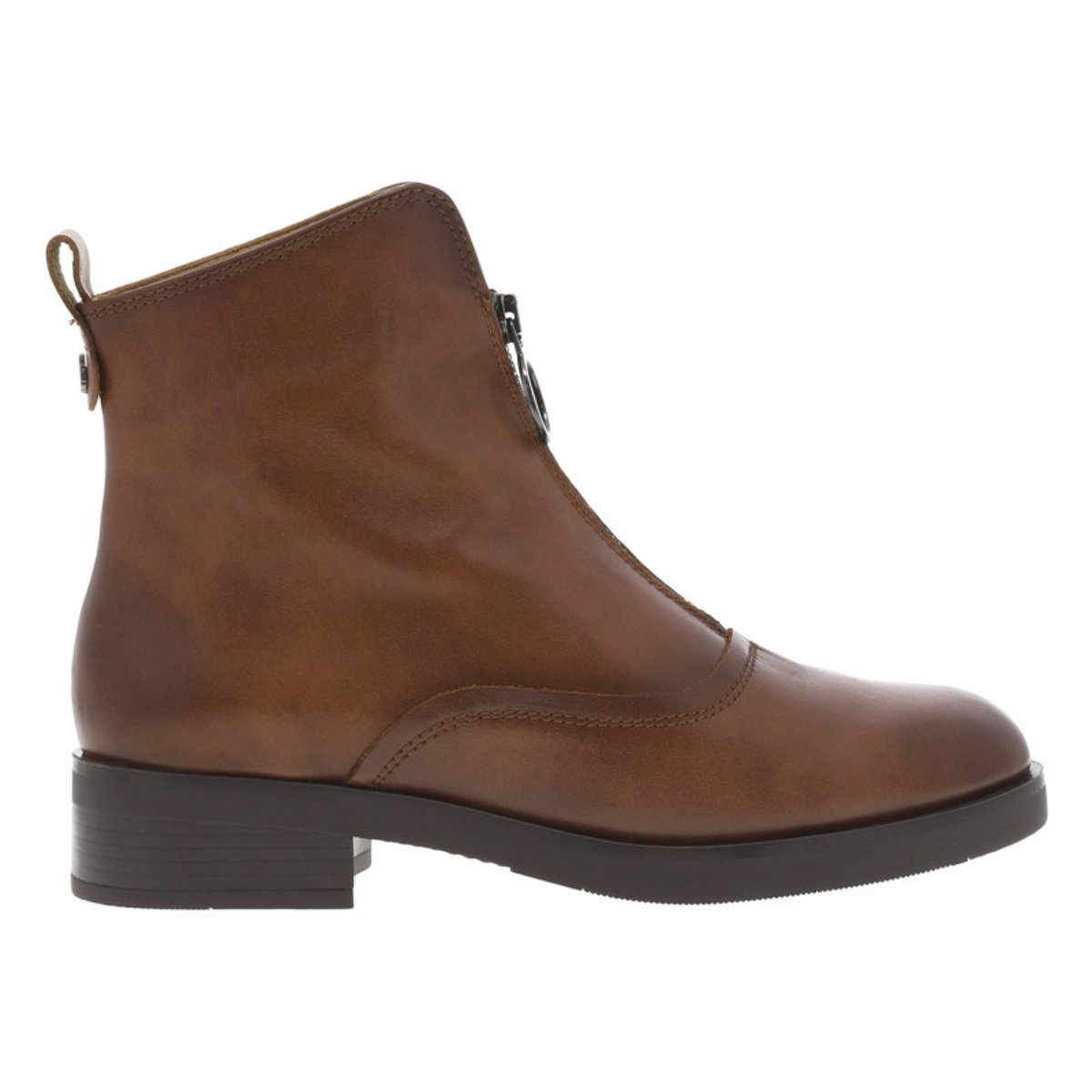Boots en cuir cognac à talon décroché bas avec un zip sur le devant cognac, PORRONET