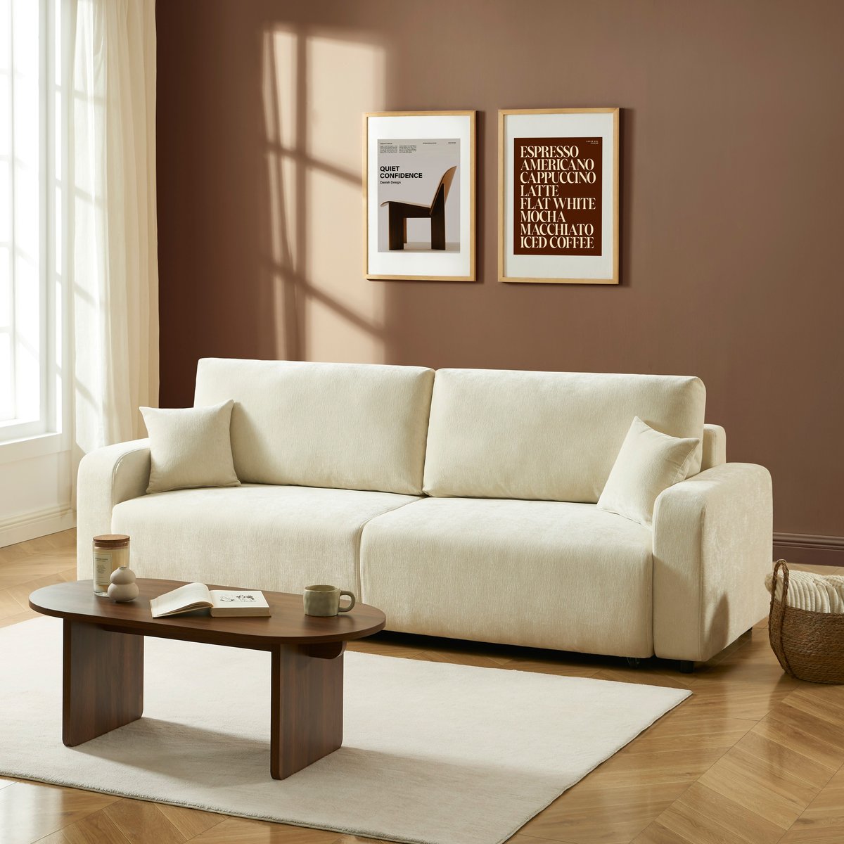 Canapé droit convertible tissu LIVIO beige, BAÏTA
