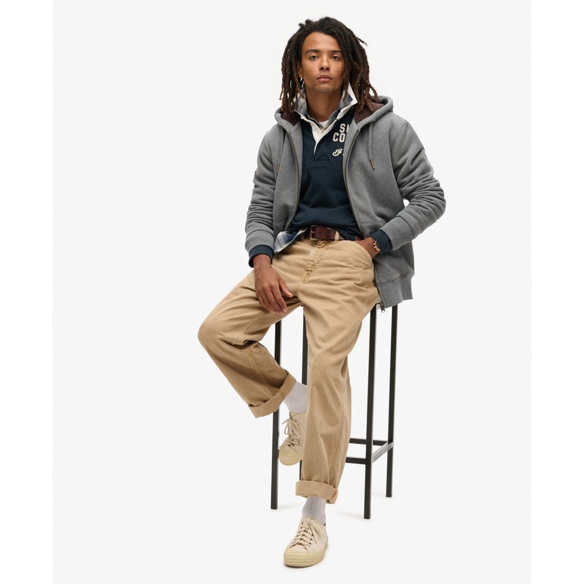Sweat à capuche zippé et doublé en peau lainée gris anthracite chiné, SUPERDRY